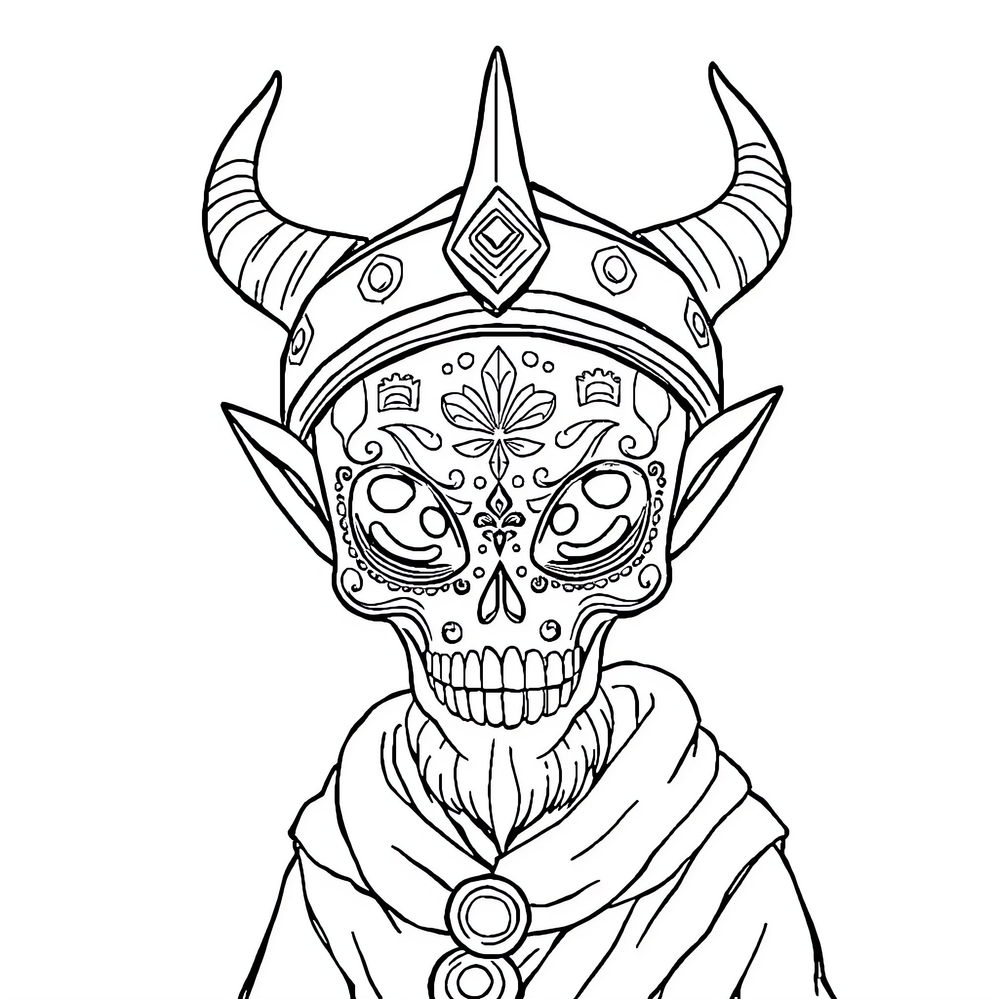 Alien Warrior with Ornate Skull Mask Coloring Page (free black-and-white line drawing printable PDF for all, from beginners to advanced learners, including children, teens, adults, and seniors)