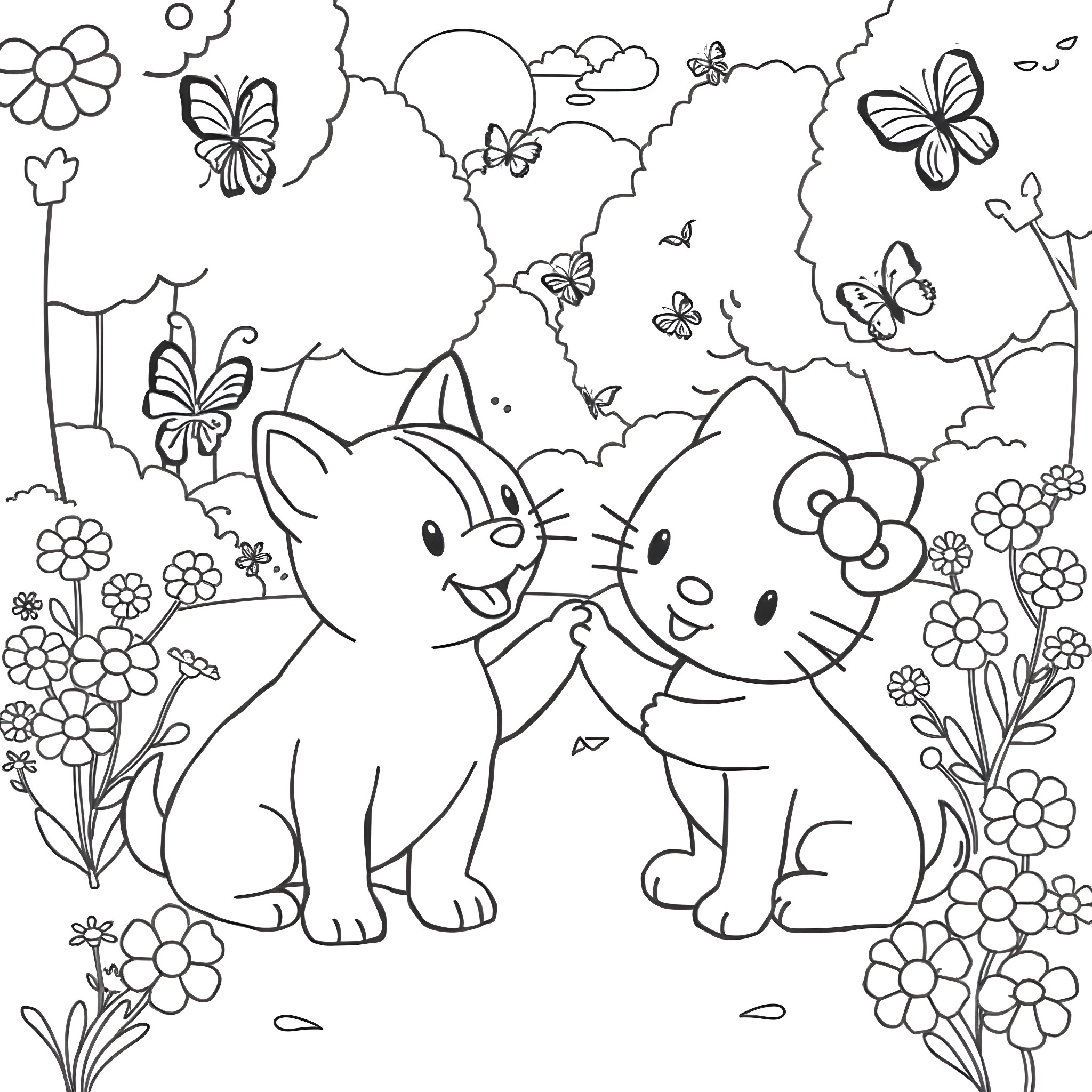 Hello Kitty cats exploring the butterfly garden Coloring Page (free black-and-white line drawing printable PDF for all, from beginners to advanced learners, including children, teens, adults, and seniors)
