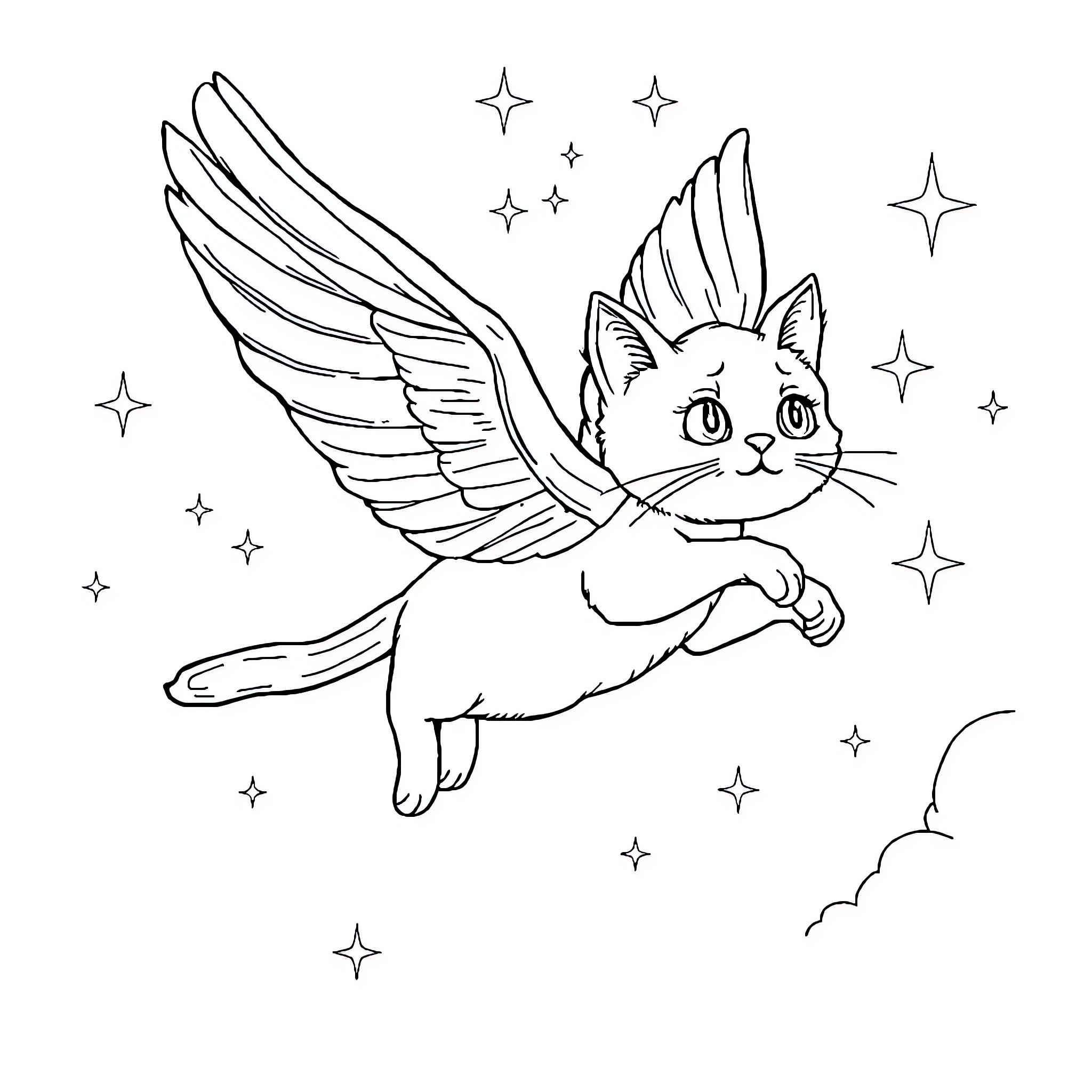 Flying Cat with Angelic Wings and Starry Skies Coloring Page (free black-and-white line drawing printable PDF for all, from beginners to advanced learners, including children, teens, adults, and seniors)