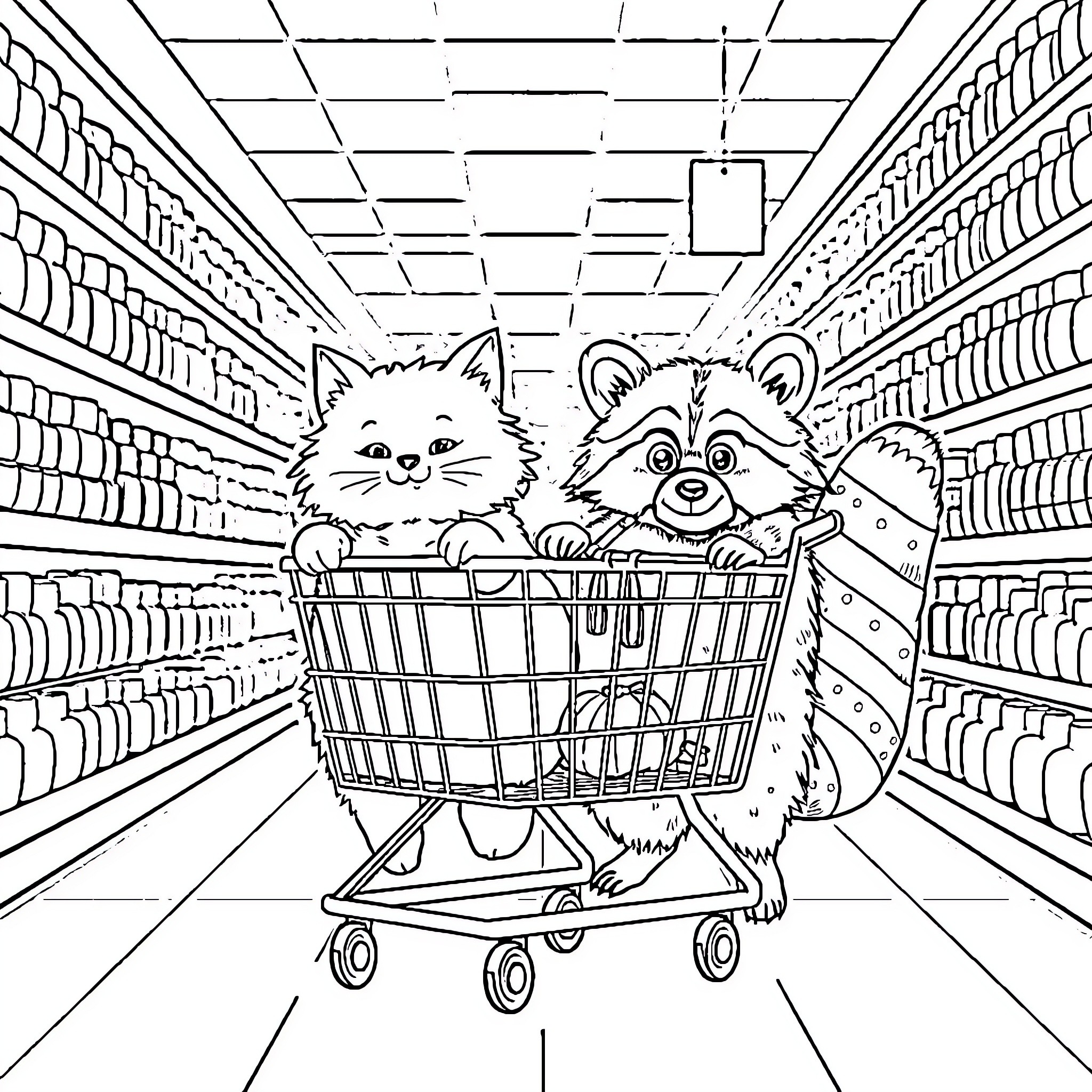 Cat and Raccoon Shopping in the Supermarket Coloring Page (free black-and-white line drawing printable PDF for all, from beginners to advanced learners, including children, teens, adults, and seniors)