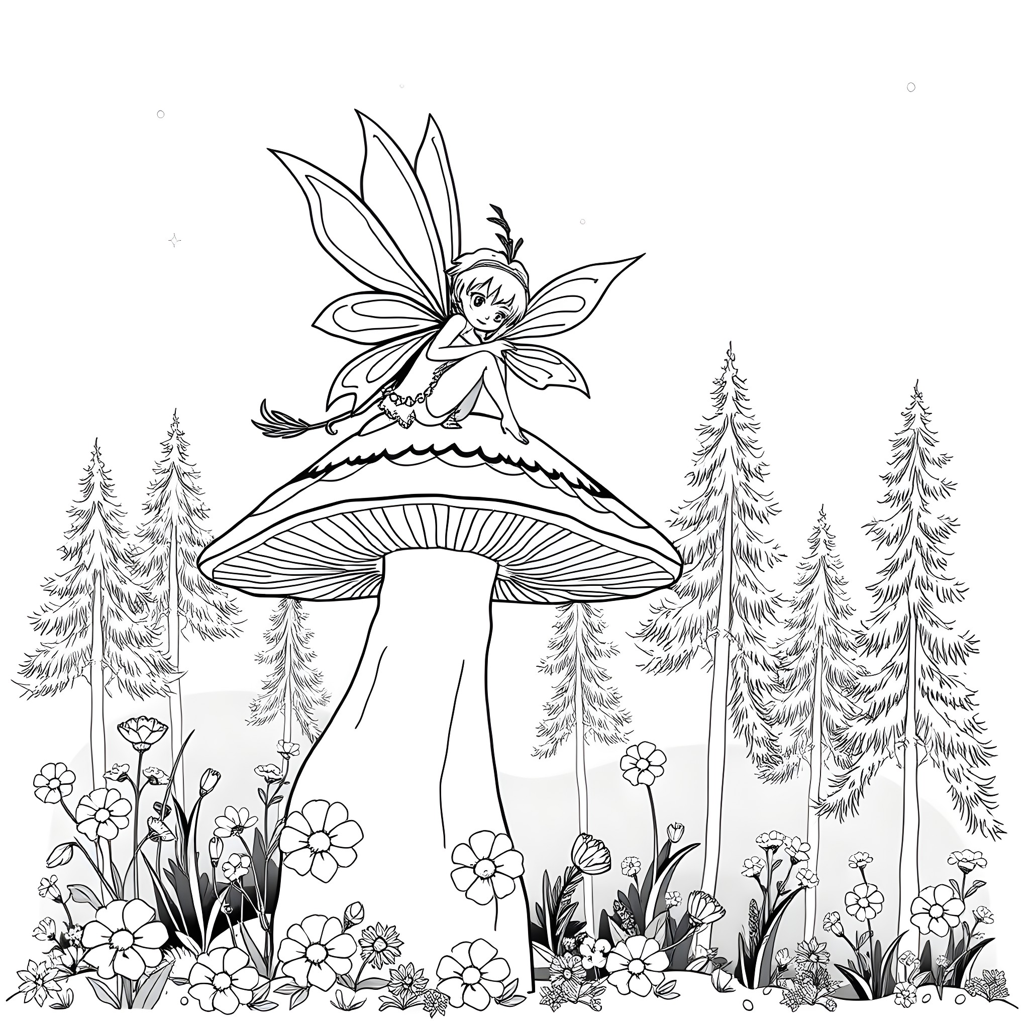 Fairy resting on a mushroom in the enchanted forest Coloring Page (free black-and-white line drawing printable PDF for all, from beginners to advanced learners, including children, teens, adults, and seniors)
