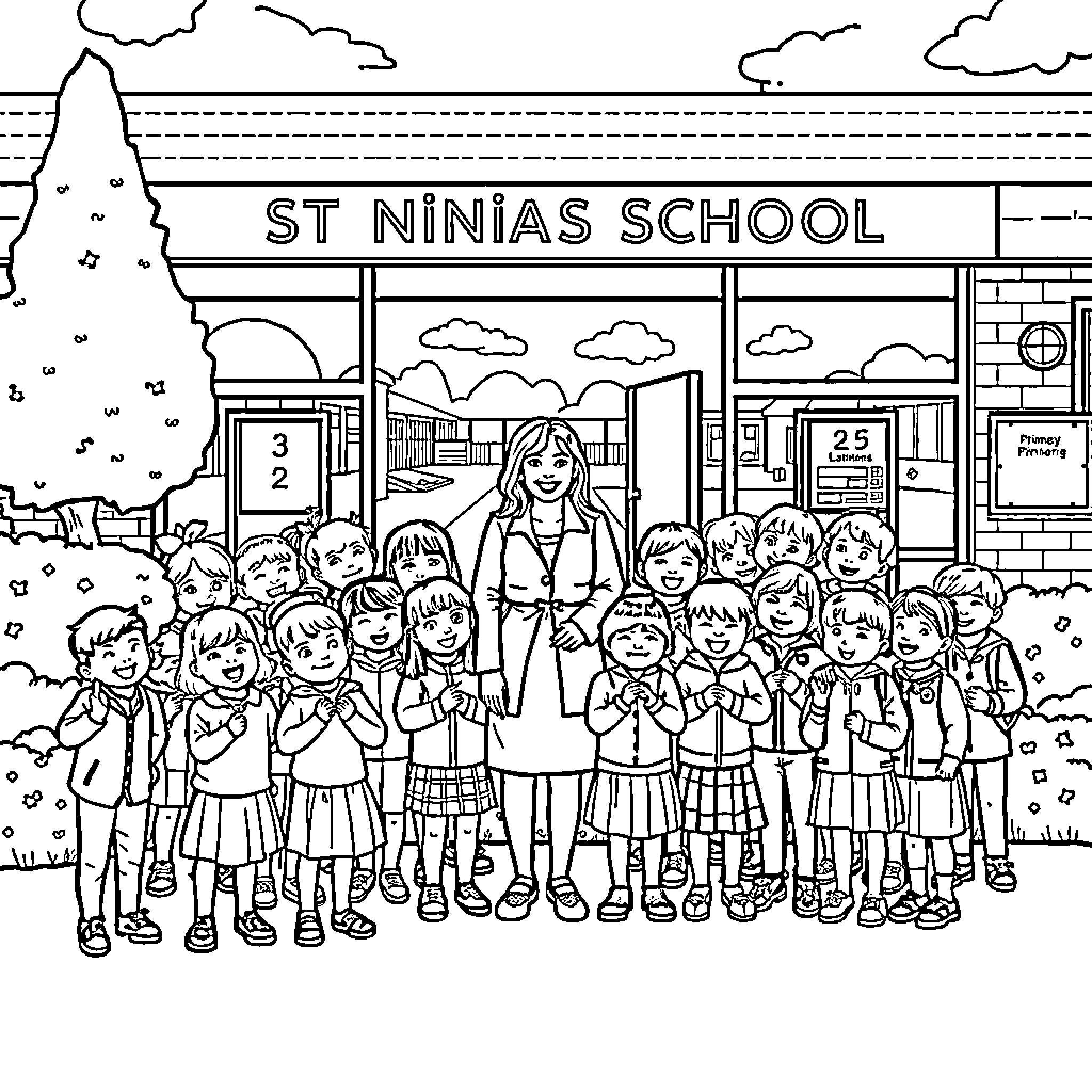 Teacher leading students at St Ninias School Coloring Page (free black-and-white line drawing printable PDF for all, from beginners to advanced learners, including children, teens, adults, and seniors)