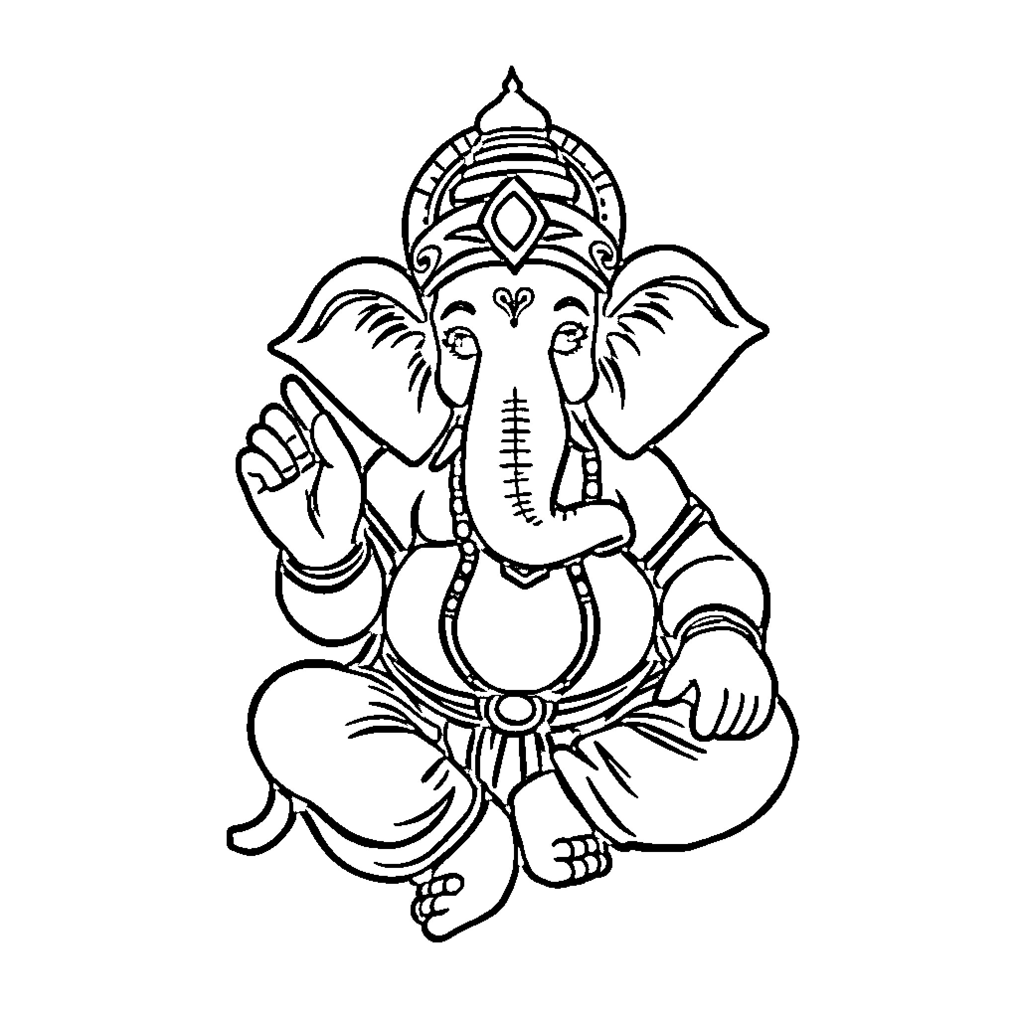 Ganesh the Elephant-Headed Divine Deity Meditating Coloring Page (free black-and-white line drawing printable PDF for all, from beginners to advanced learners, including children, teens, adults, and seniors)