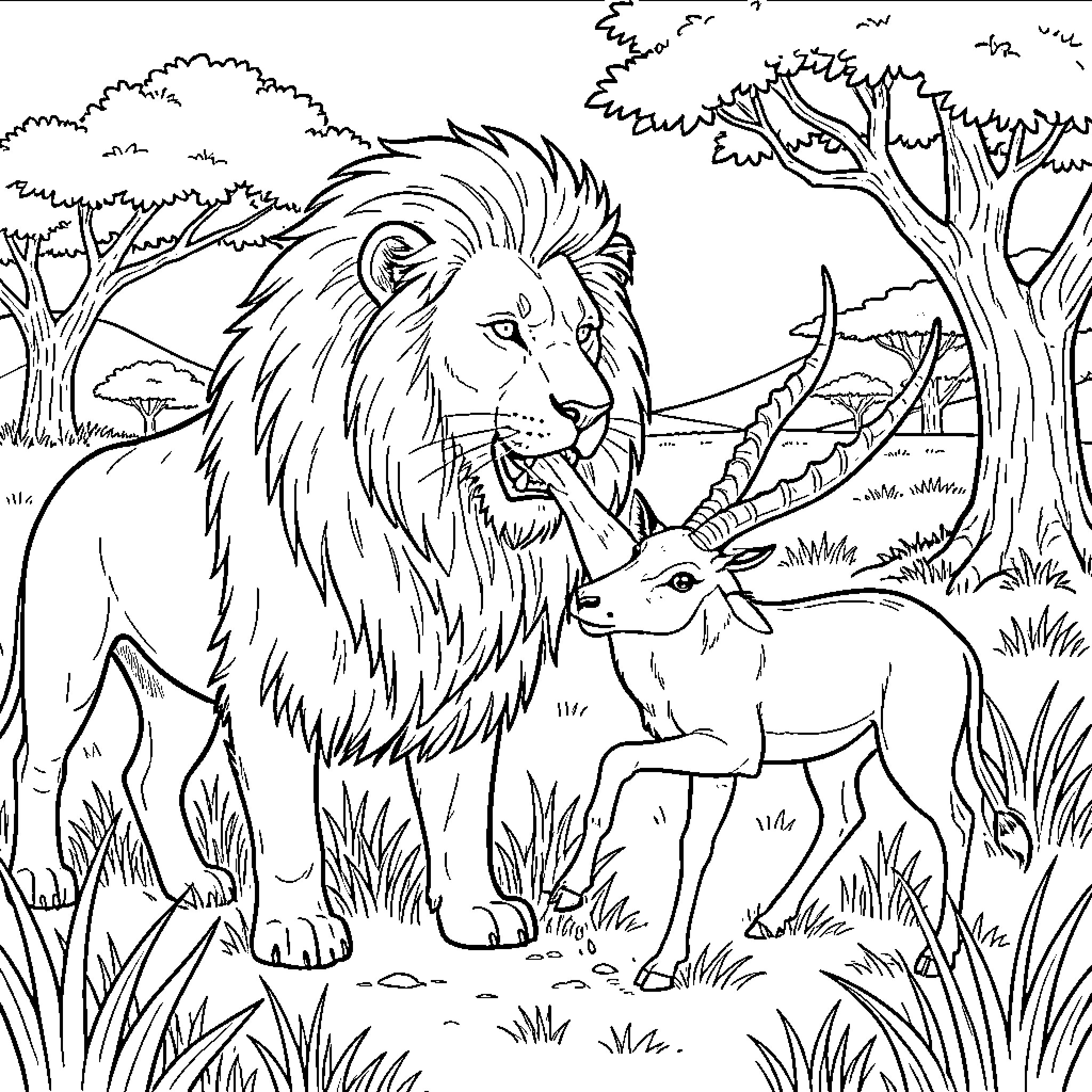 Lion interacting with an antelope in the savanna Coloring Page (free black-and-white line drawing printable PDF for all, from beginners to advanced learners, including children, teens, adults, and seniors)