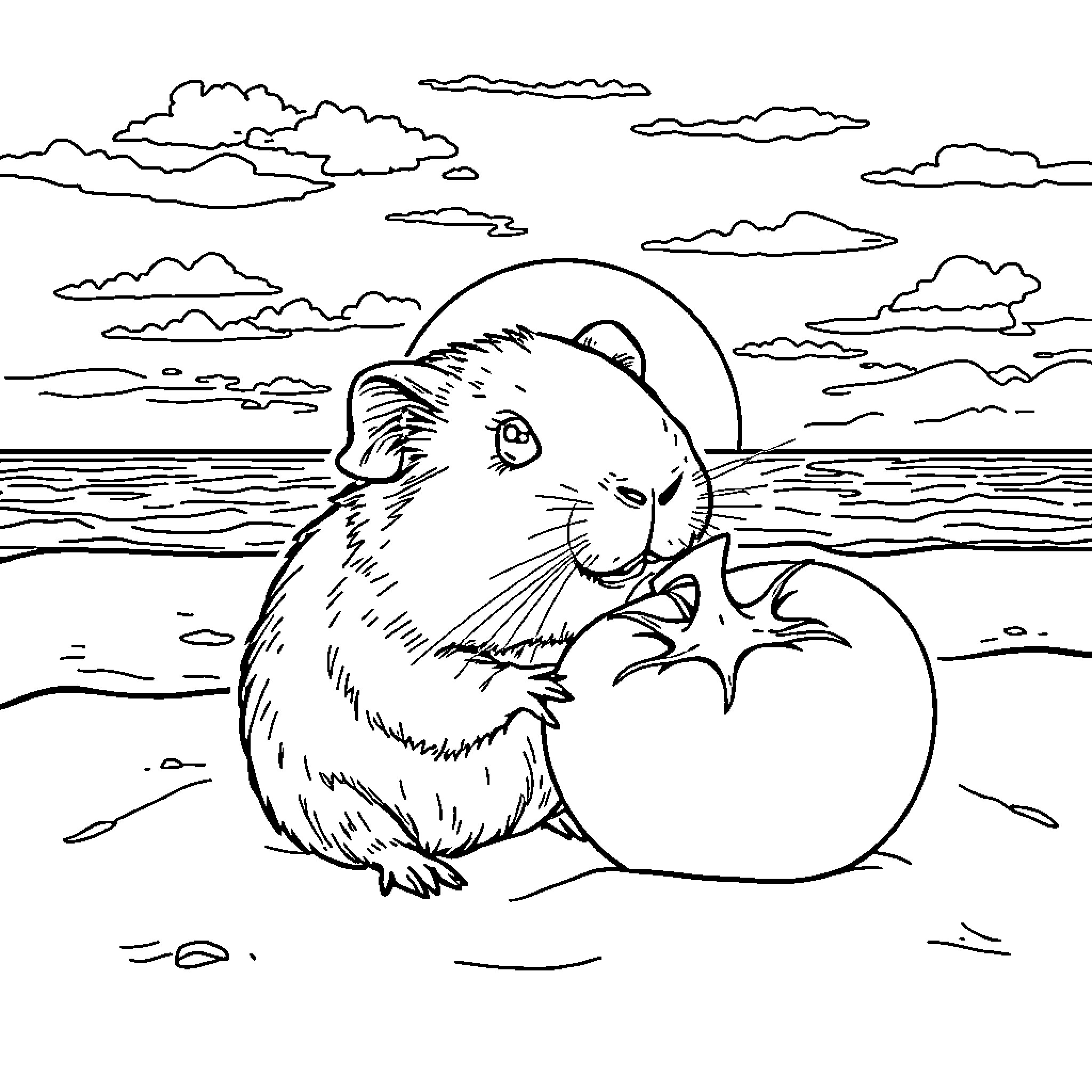 Guinea Pig with Tomato by the Seaside Coloring Page (free black-and-white line drawing printable PDF for all, from beginners to advanced learners, including children, teens, adults, and seniors)