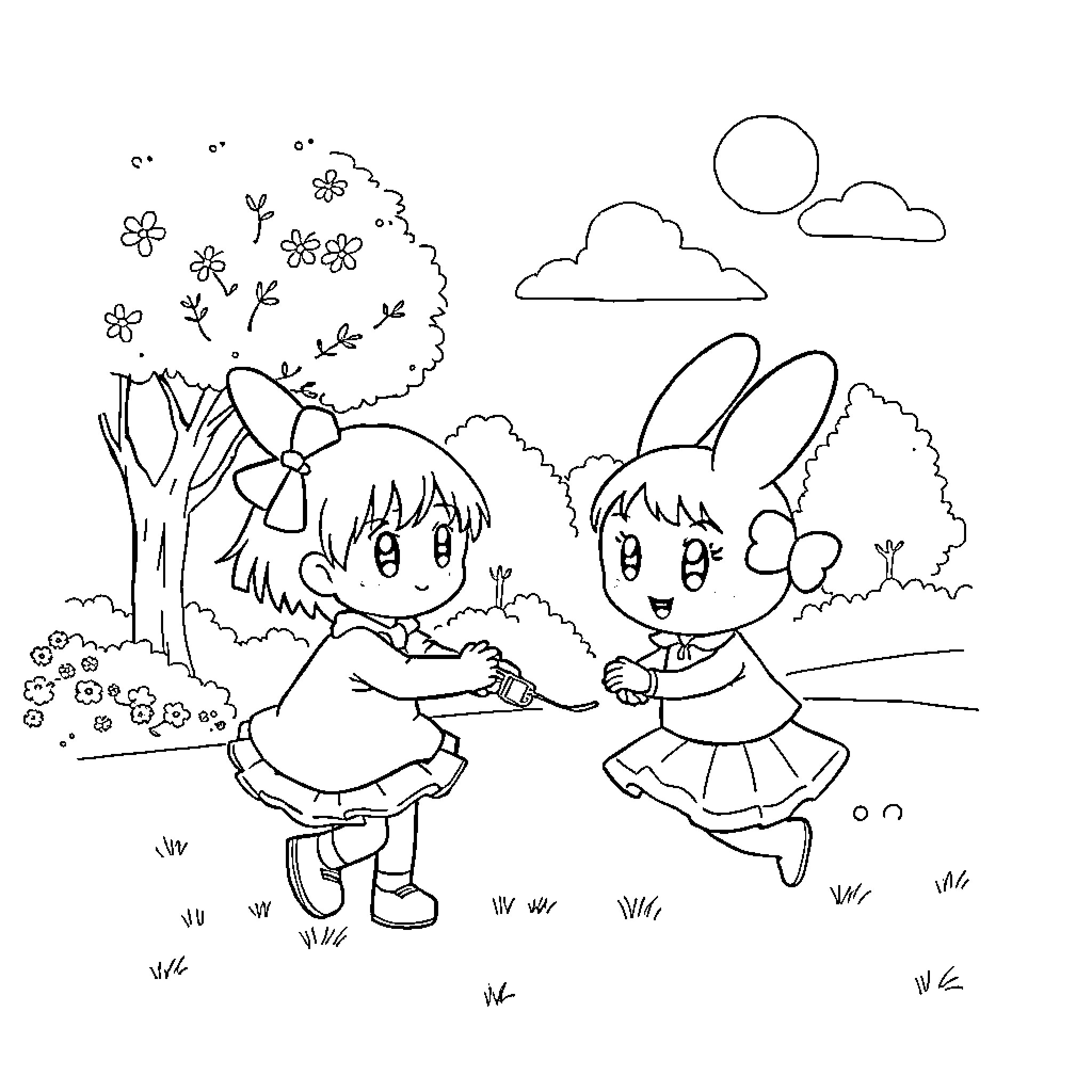 Kuromi and friends playing happily in a nature scene Coloring Page (free black-and-white line drawing printable PDF for all, from beginners to advanced learners, including children, teens, adults, and seniors)