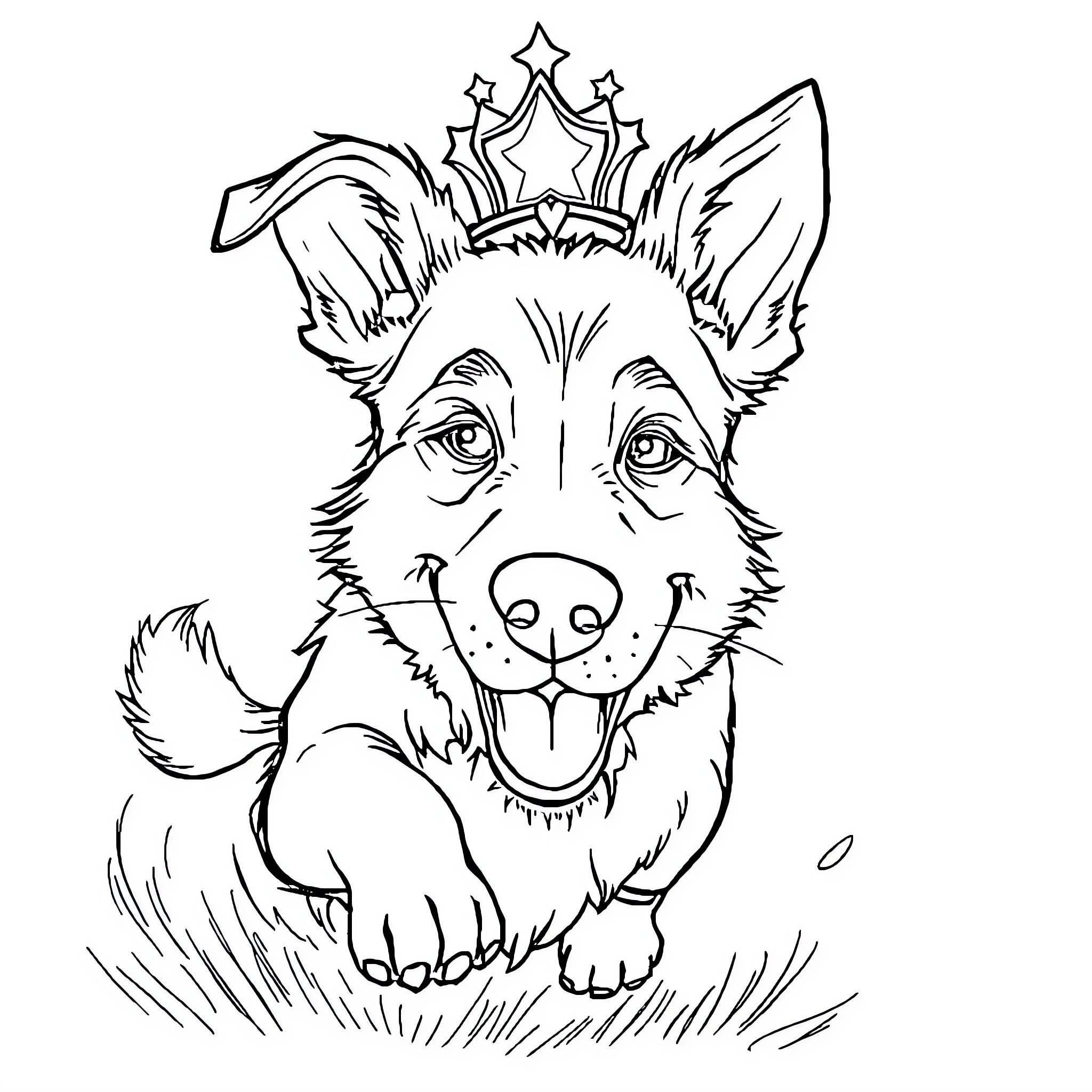 Dog wearing a crown with stars Coloring Page (free black-and-white line drawing printable PDF for all, from beginners to advanced learners, including children, teens, adults, and seniors)