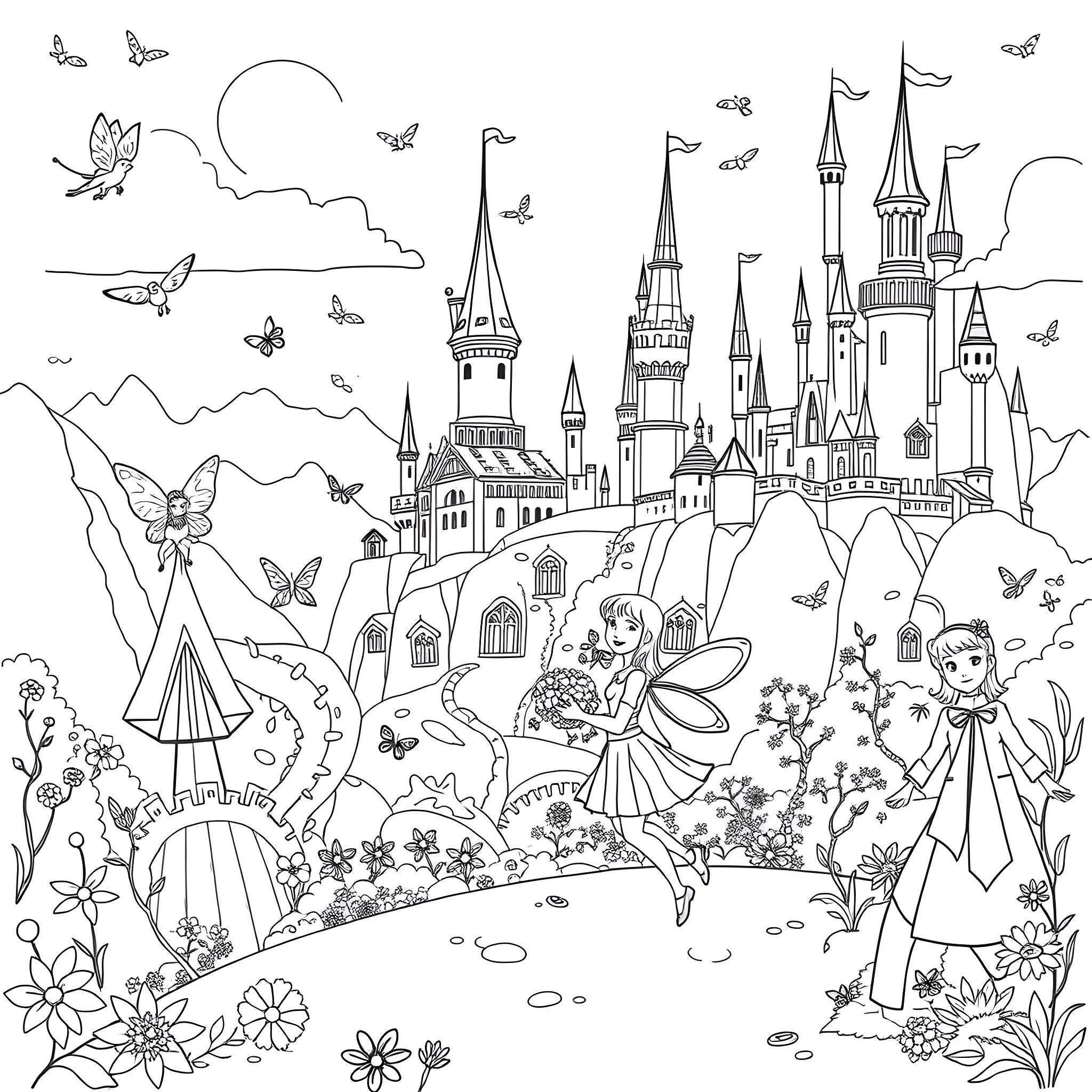 Suske en Wiske in a magical fairy tale kingdom Coloring Page (free black-and-white line drawing printable PDF for all, from beginners to advanced learners, including children, teens, adults, and seniors)