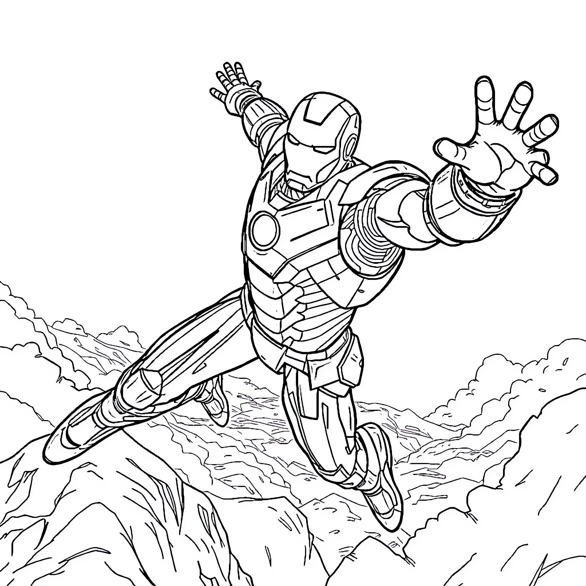 Ironman soaring through the sky in action pose Coloring Page (free black-and-white line drawing printable PDF for all, from beginners to advanced learners, including children, teens, adults, and seniors)