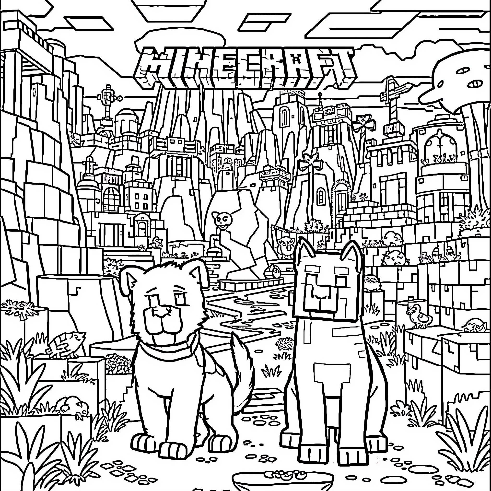 Minecraft characters exploring a detailed fantasy landscape Coloring Page (free black-and-white line drawing printable PDF for all, from beginners to advanced learners, including children, teens, adults, and seniors)