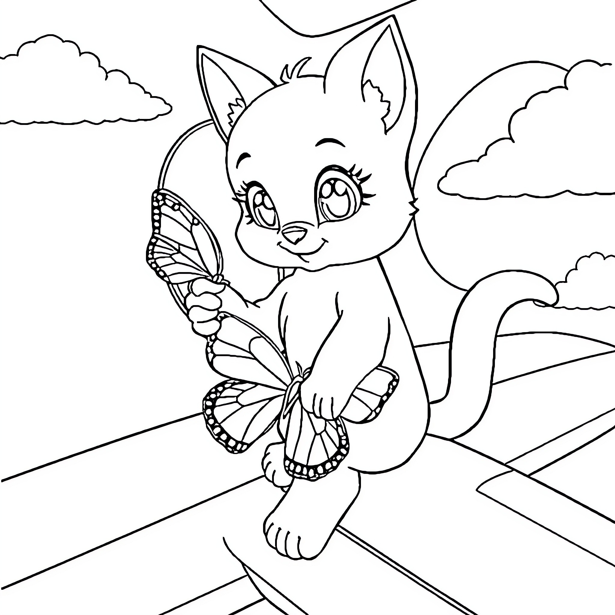 Bluey the Curious Kitten Exploring Nature Coloring Page (free black-and-white line drawing printable PDF for all, from beginners to advanced learners, including children, teens, adults, and seniors)