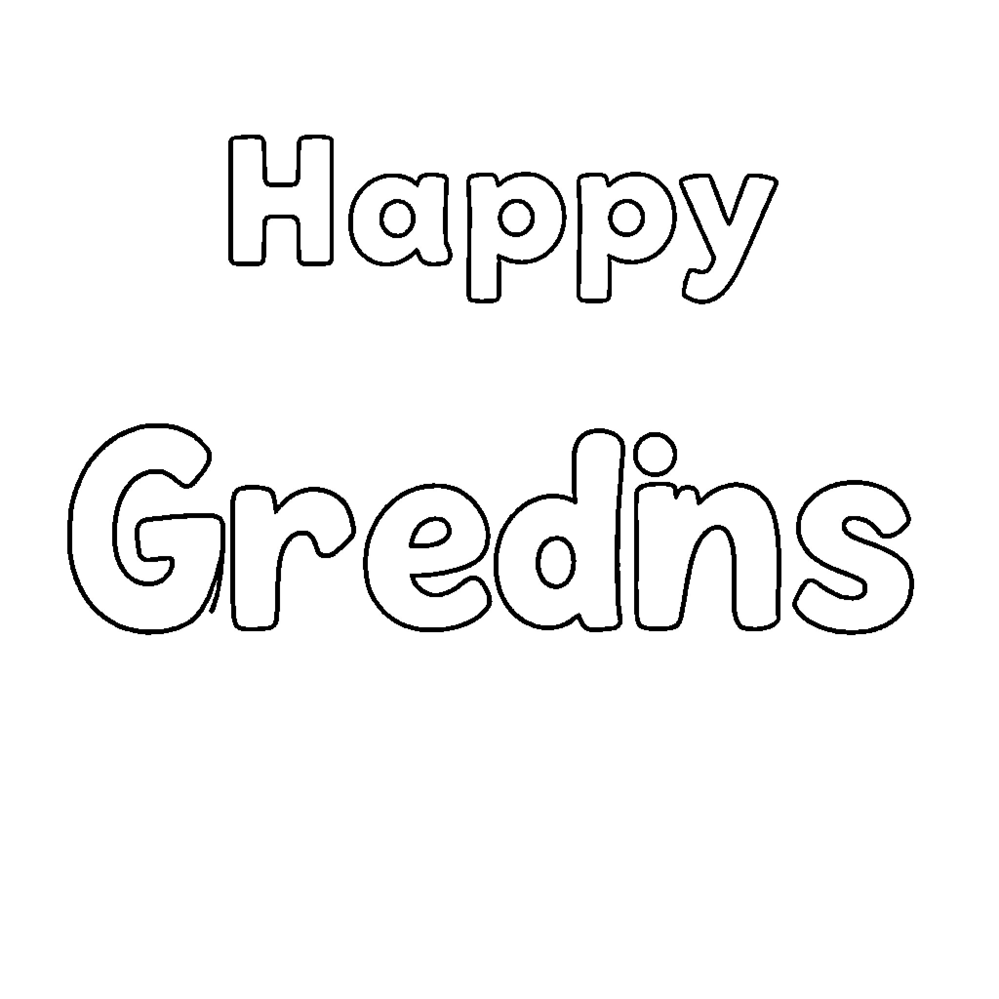 Greeting with Happy Gredins text Coloring Page (free black-and-white line drawing printable PDF for all, from beginners to advanced learners, including children, teens, adults, and seniors)