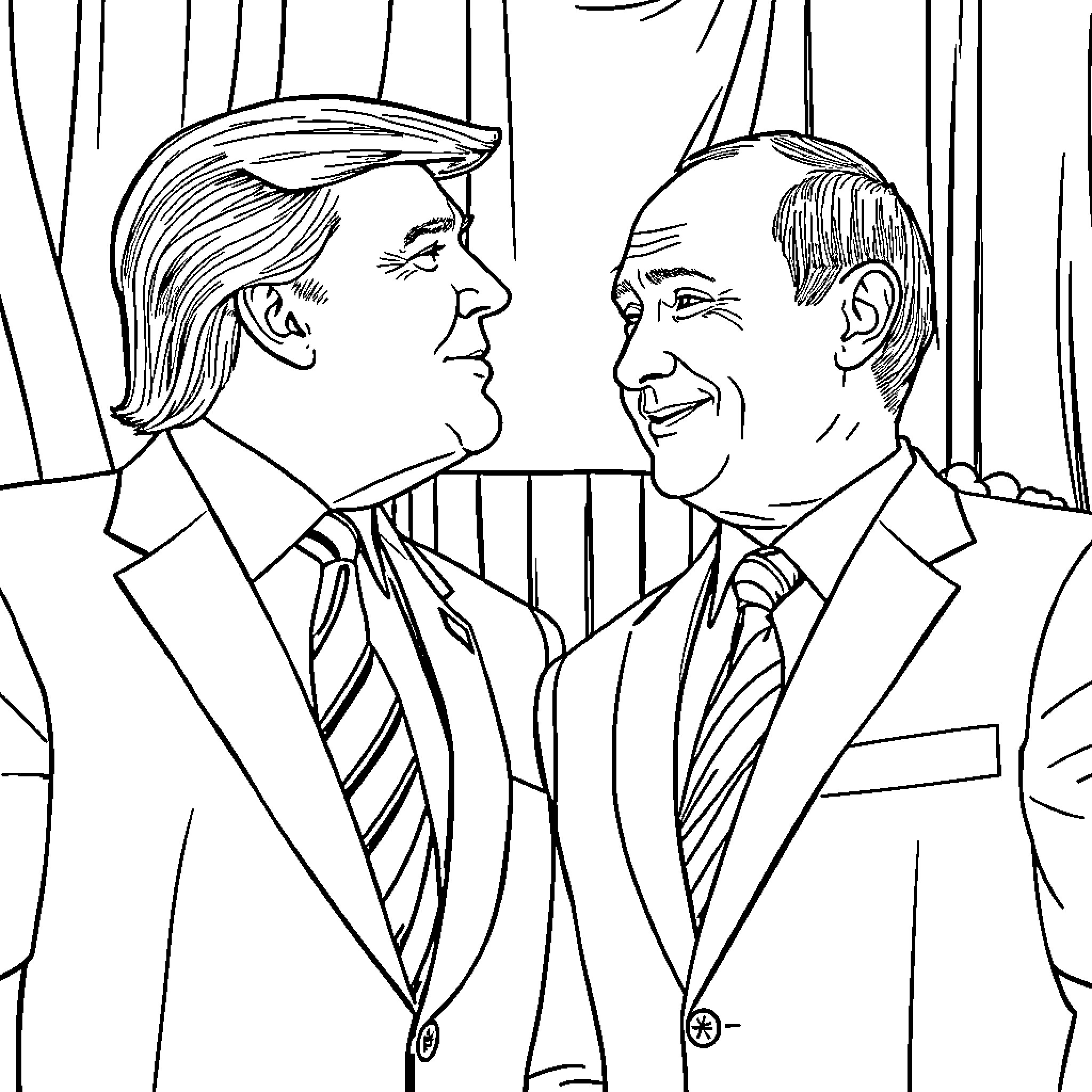 Donald Trump and another man in formal attire Coloring Page (free black-and-white line drawing printable PDF for all, from beginners to advanced learners, including children, teens, adults, and seniors)