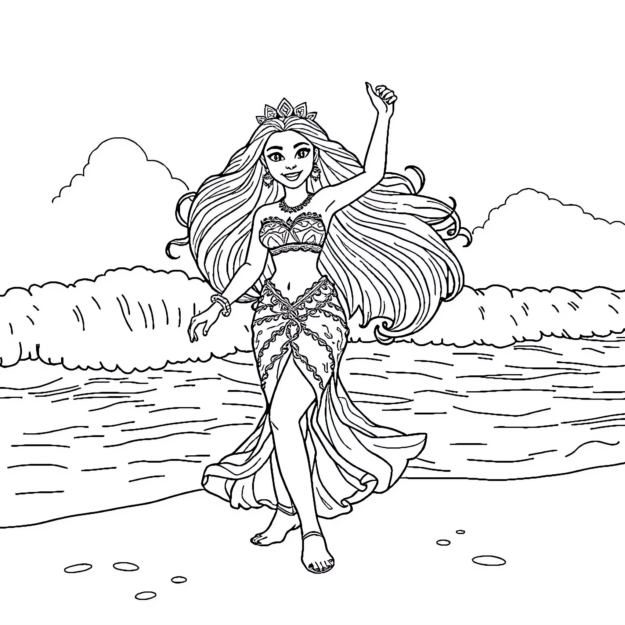 Moana dancing gracefully on the beach Coloring Page (free black-and-white line drawing printable PDF for all, from beginners to advanced learners, including children, teens, adults, and seniors)