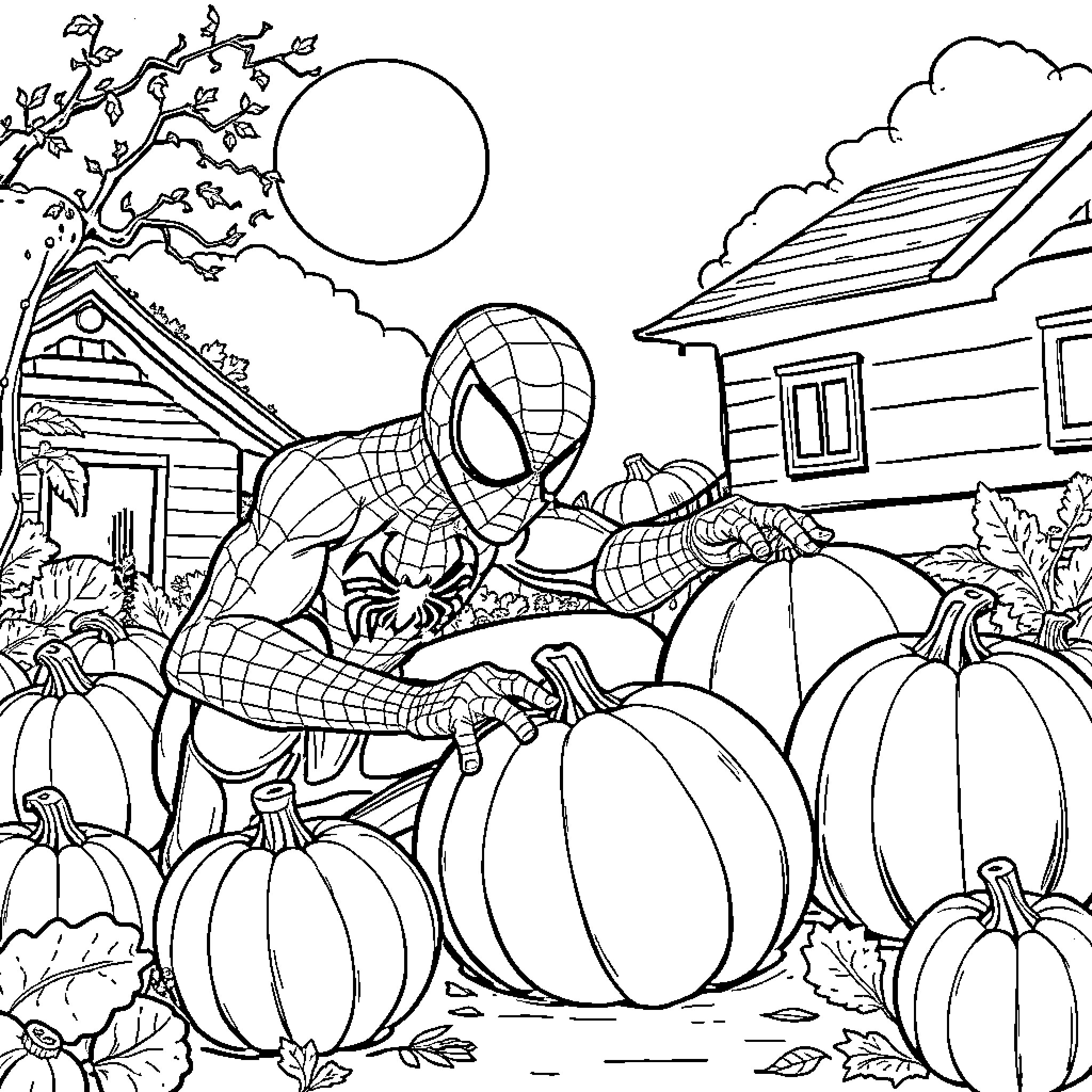 Spiderman harvesting pumpkins in an autumn scene Coloring Page (free black-and-white line drawing printable PDF for all, from beginners to advanced learners, including children, teens, adults, and seniors)