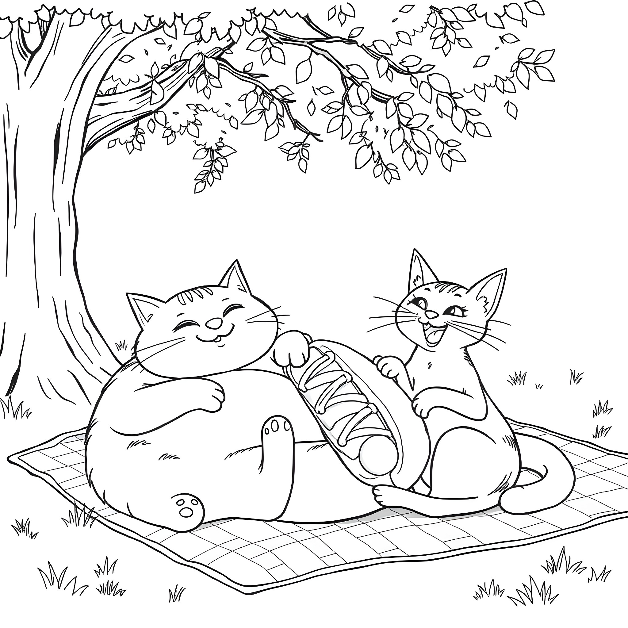 Cats relaxing on a picnic blanket under a tree Coloring Page (free black-and-white line drawing printable PDF for all, from beginners to advanced learners, including children, teens, adults, and seniors)