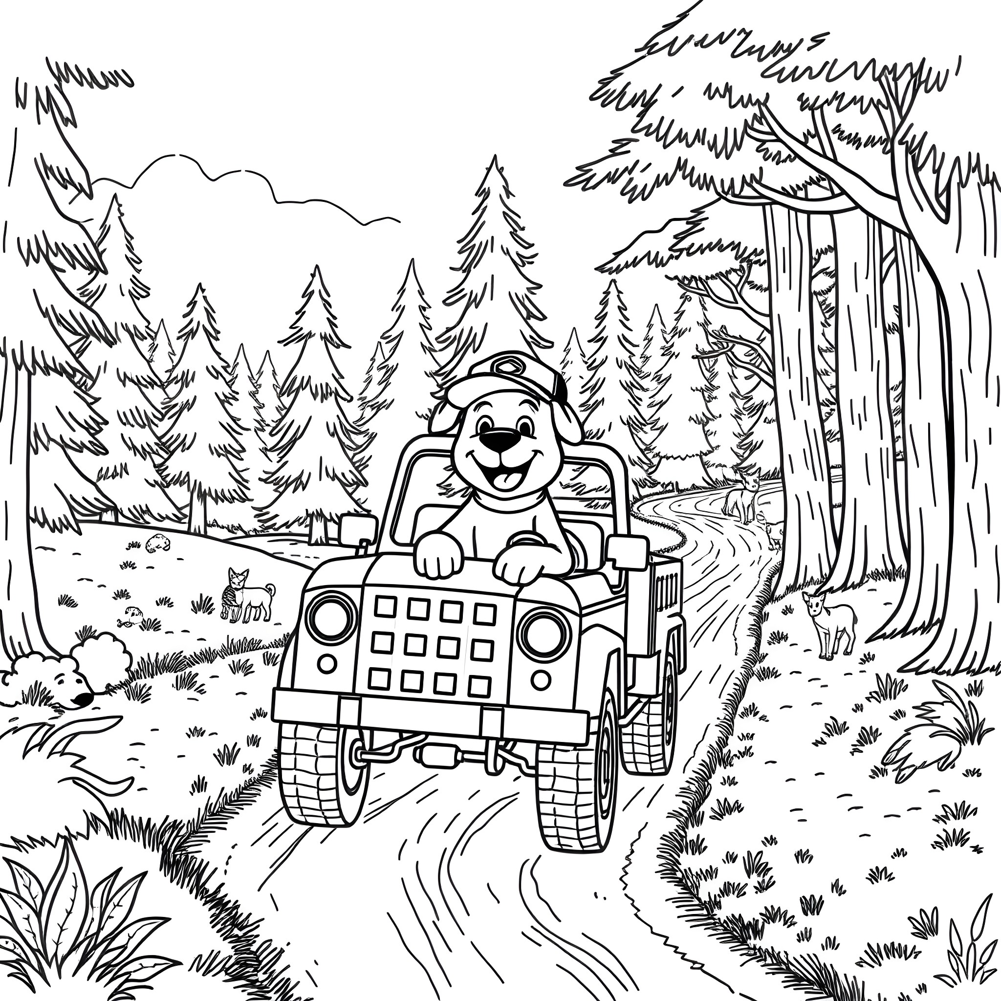 Dog driving a vehicle through the forest Coloring Page (free black-and-white line drawing printable PDF for all, from beginners to advanced learners, including children, teens, adults, and seniors)