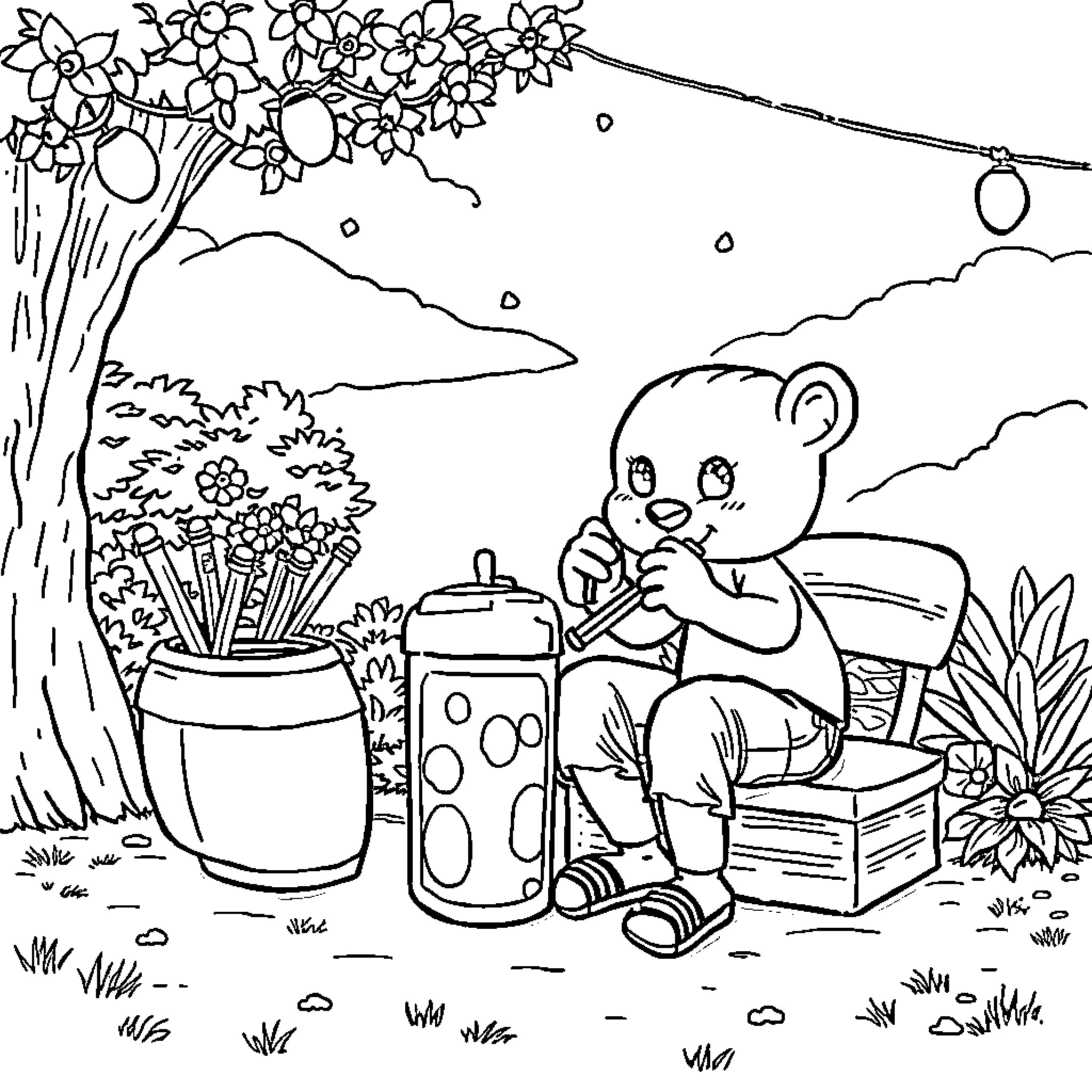 Tralalero bear picnicking in the flowering garden Coloring Page (free black-and-white line drawing printable PDF for all, from beginners to advanced learners, including children, teens, adults, and seniors)