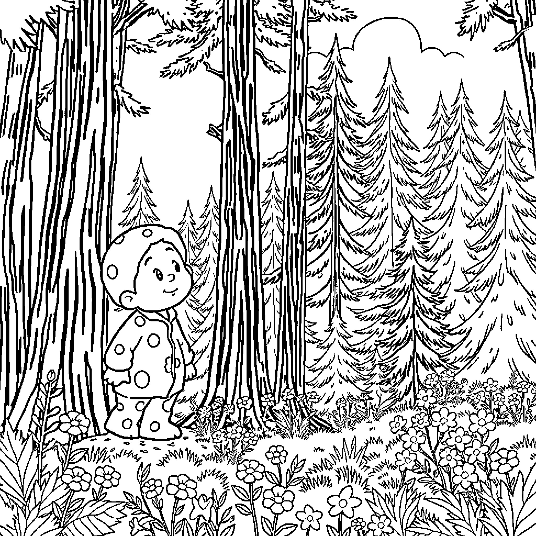 Pajama Sam explores the forest Coloring Page (free black-and-white line drawing printable PDF for all, from beginners to advanced learners, including children, teens, adults, and seniors)