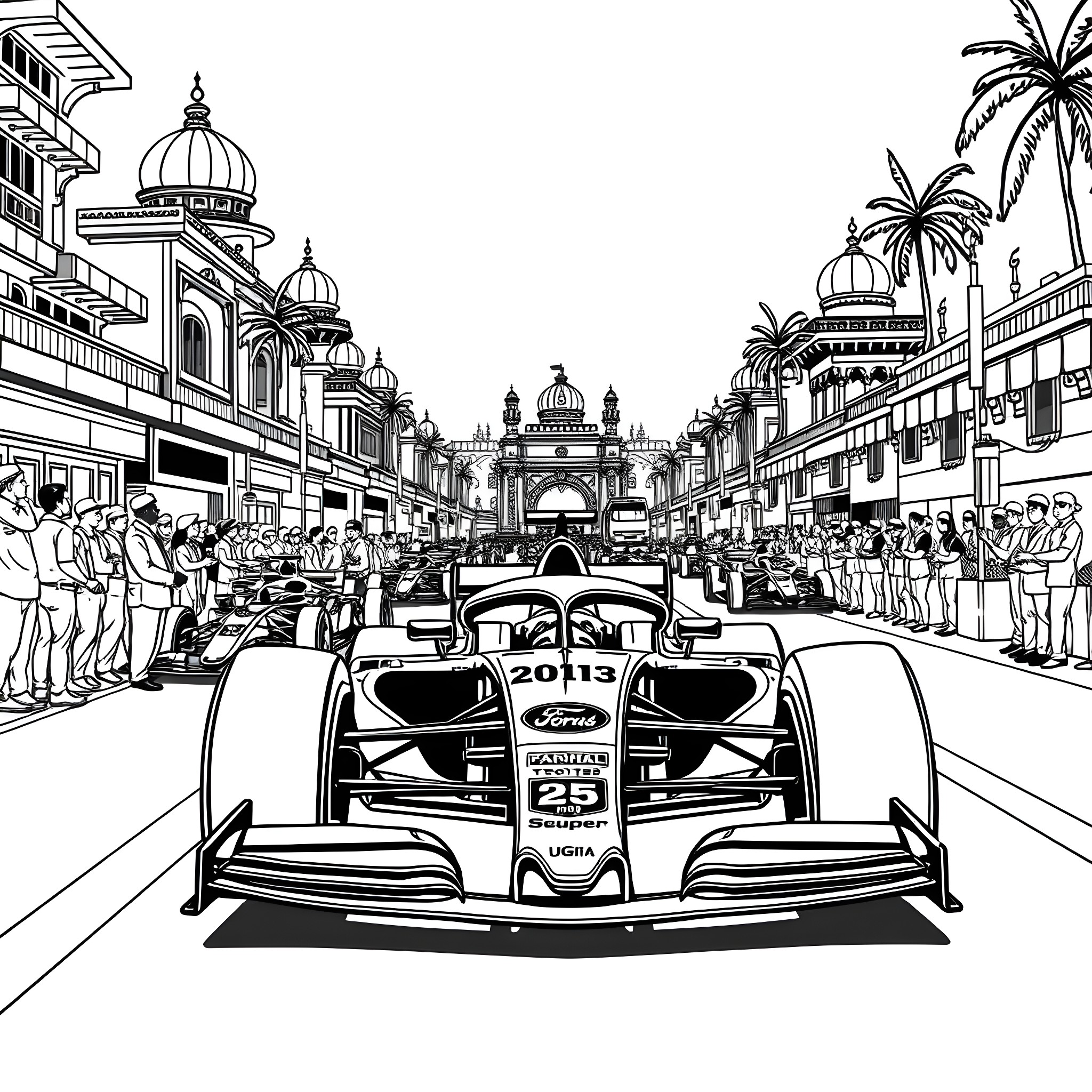 Formula One Racers in Bustling City Street Coloring Page (free black-and-white line drawing printable PDF for all, from beginners to advanced learners, including children, teens, adults, and seniors)