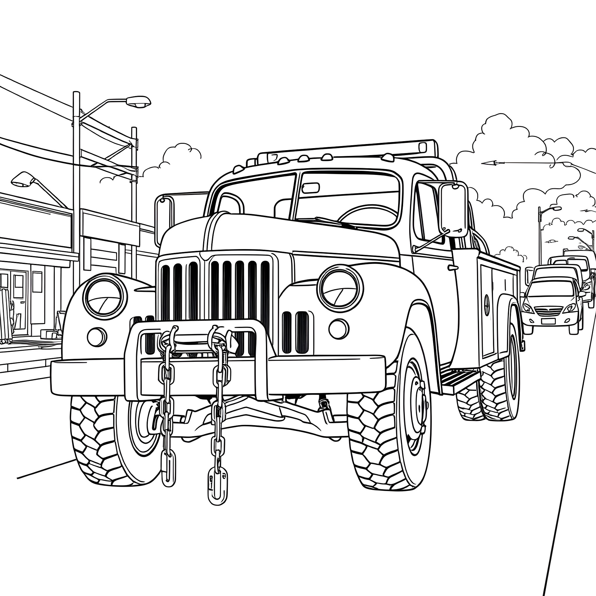 Tow Truck Towing a Broken-down Vehicle on the Road Coloring Page (free black-and-white line drawing printable PDF for all, from beginners to advanced learners, including children, teens, adults, and seniors)