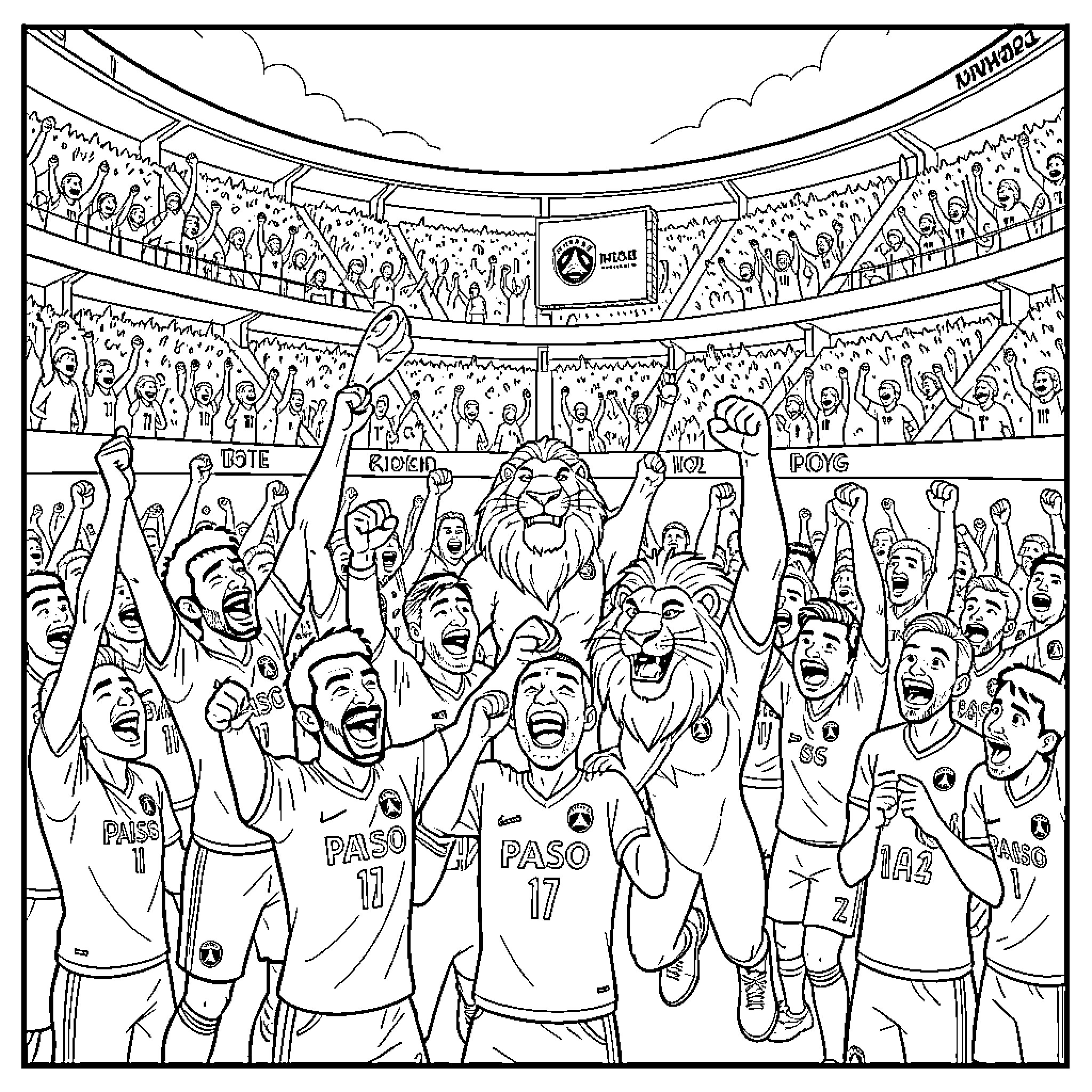 Lion celebrating a victory with cheering soccer fans Coloring Page (free black-and-white line drawing printable PDF for all, from beginners to advanced learners, including children, teens, adults, and seniors)