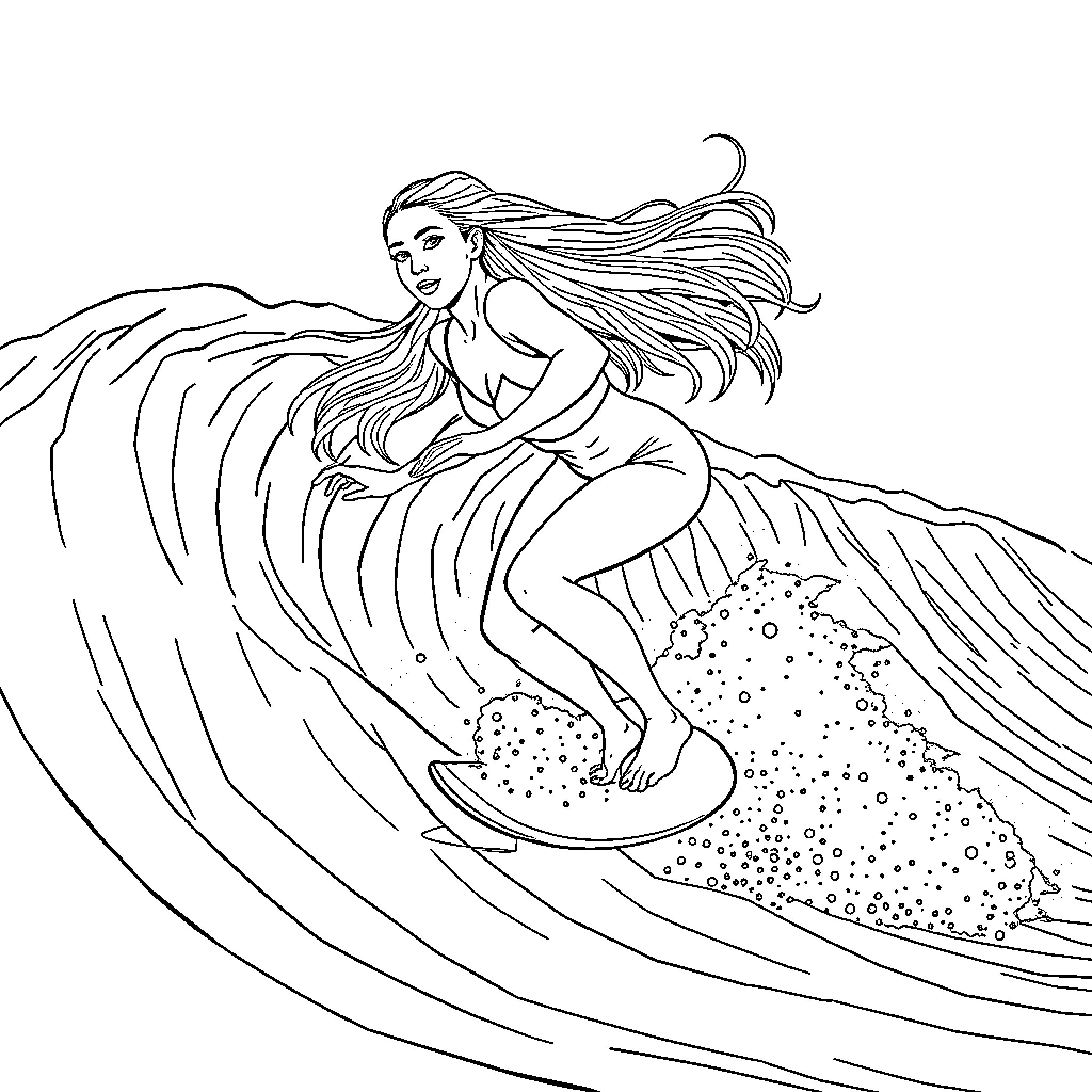 Ariana Grande surfing on a crashing wave Coloring Page (free black-and-white line drawing printable PDF for all, from beginners to advanced learners, including children, teens, adults, and seniors)
