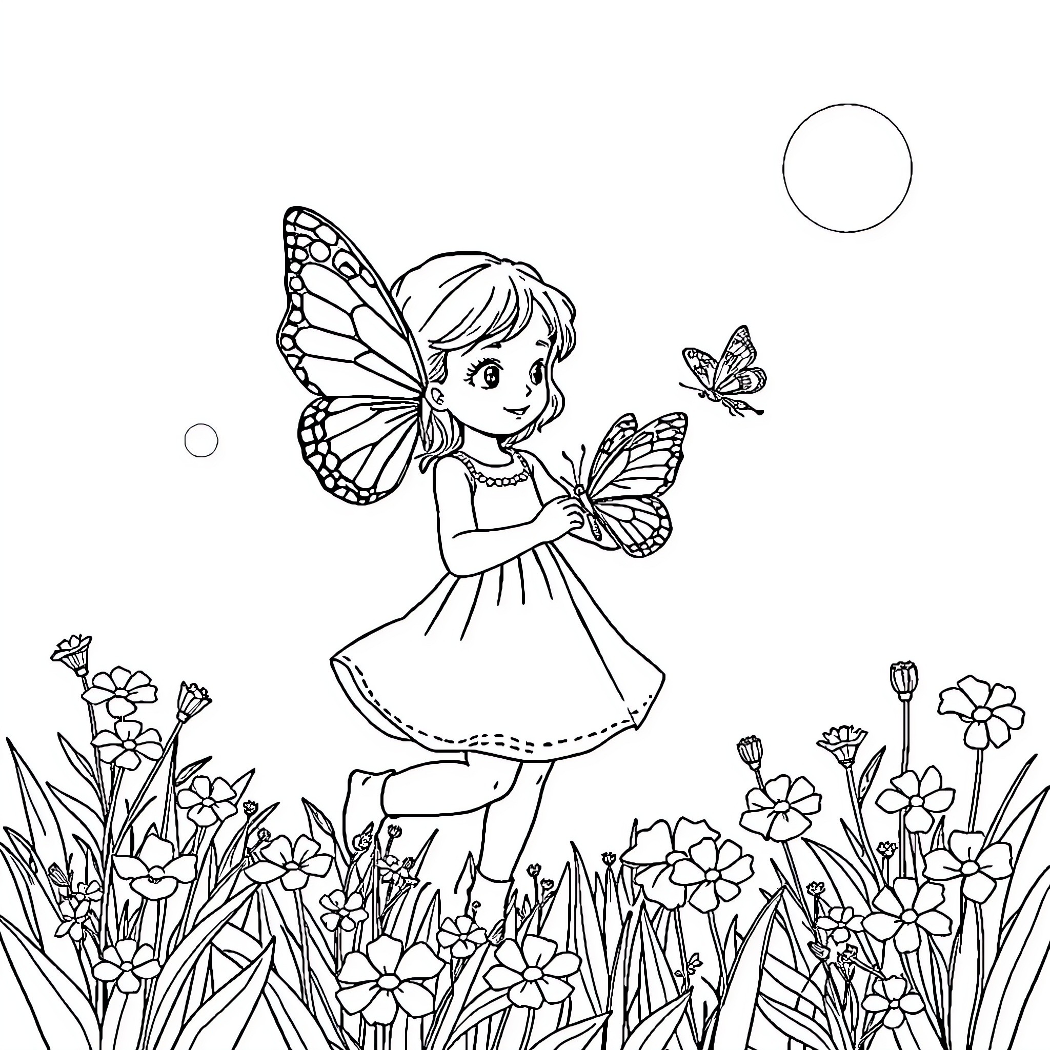 Girl playing with butterflies in a flower garden Coloring Page (free black-and-white line drawing printable PDF for all, from beginners to advanced learners, including children, teens, adults, and seniors)