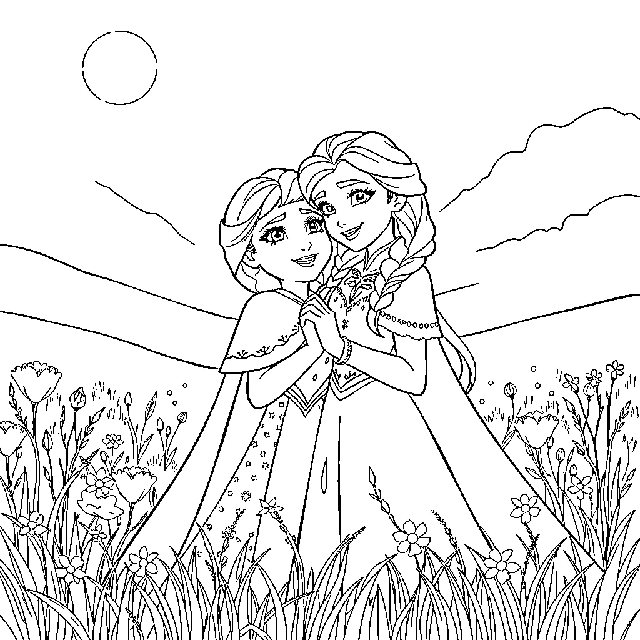 Anna and Elsa enjoying nature together Coloring Page (free black-and-white line drawing printable PDF for all, from beginners to advanced learners, including children, teens, adults, and seniors)
