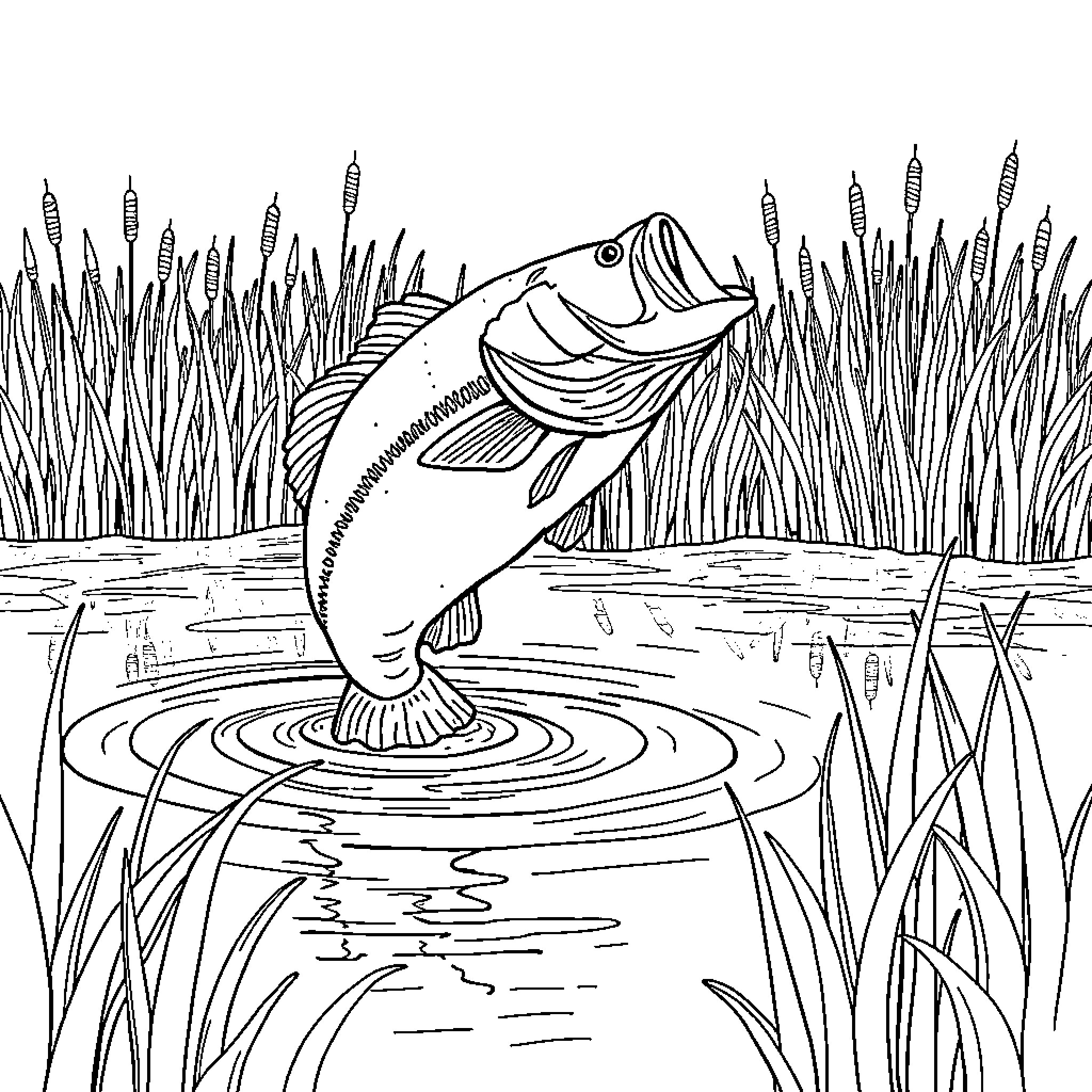 Bass jumping in aquatic vegetation Coloring Page (free black-and-white line drawing printable PDF for all, from beginners to advanced learners, including children, teens, adults, and seniors)