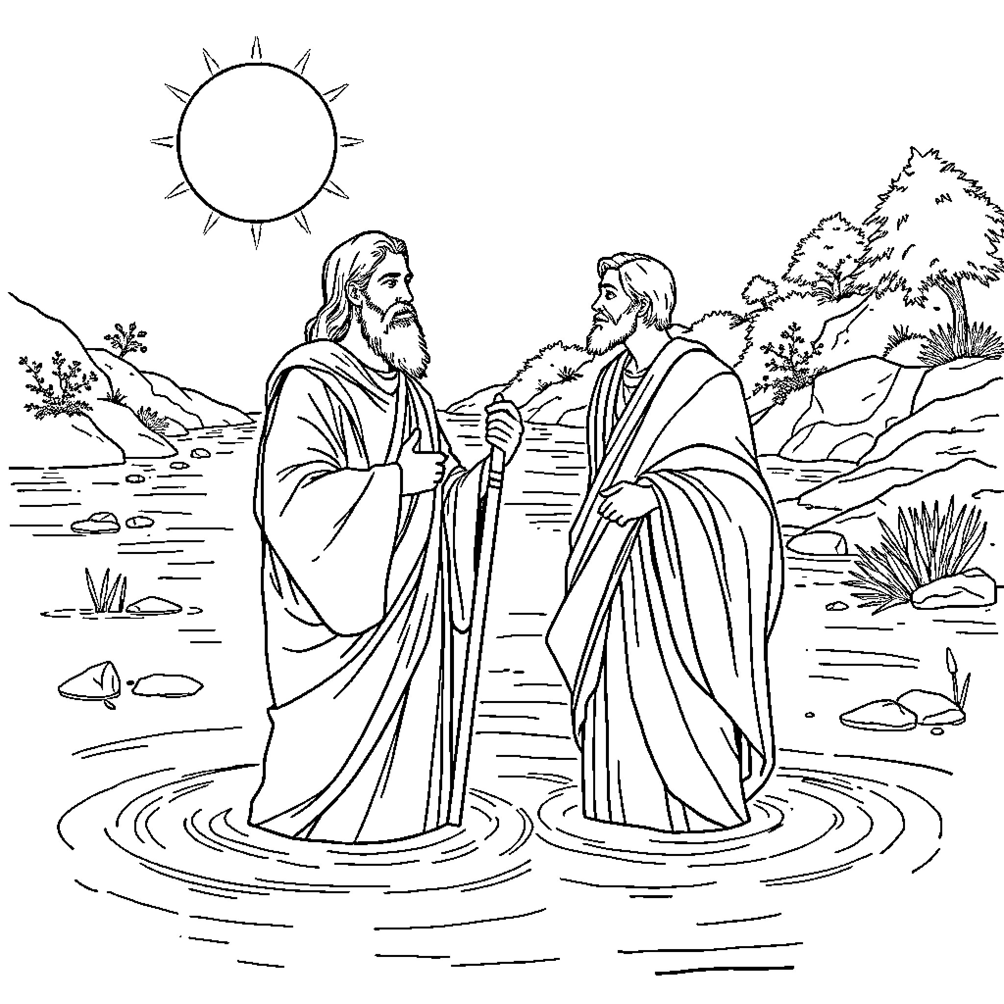 John the Baptist baptizing Jesus in the river Coloring Page (free black-and-white line drawing printable PDF for all, from beginners to advanced learners, including children, teens, adults, and seniors)