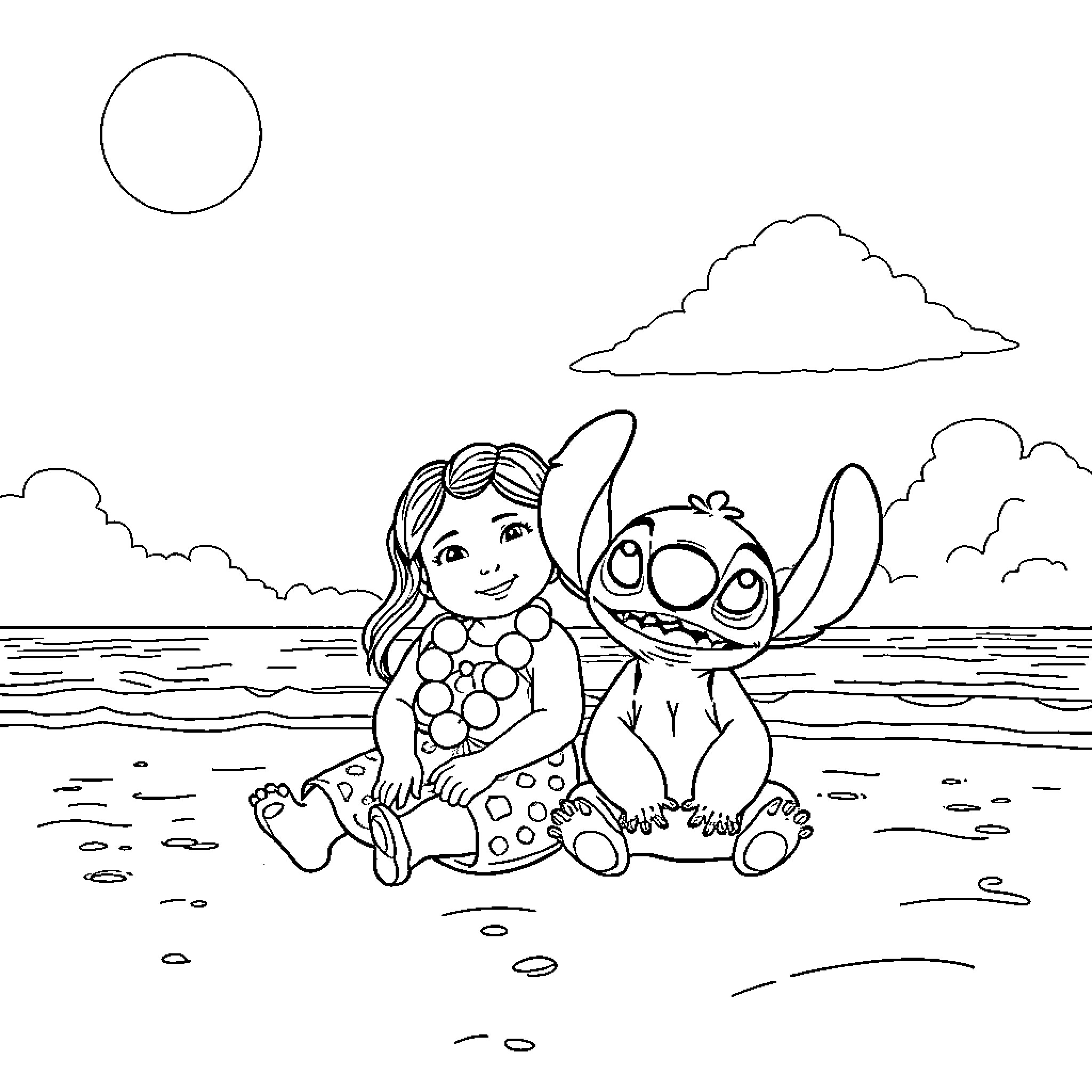 Lilo And Stitch Playing Together on the Beach Coloring Page (free black-and-white line drawing printable PDF for all, from beginners to advanced learners, including children, teens, adults, and seniors)
