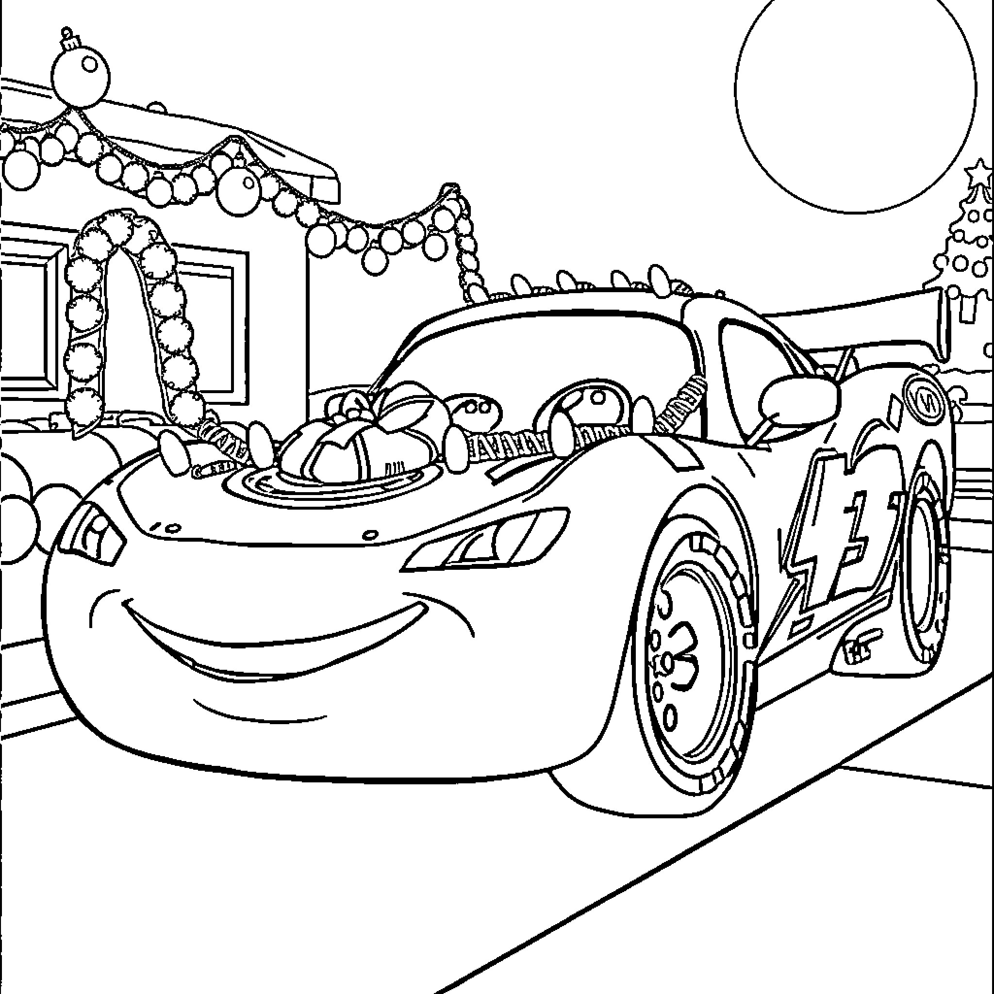 Lightning McQueen at a holiday celebration Coloring Page (free black-and-white line drawing printable PDF for all, from beginners to advanced learners, including children, teens, adults, and seniors)