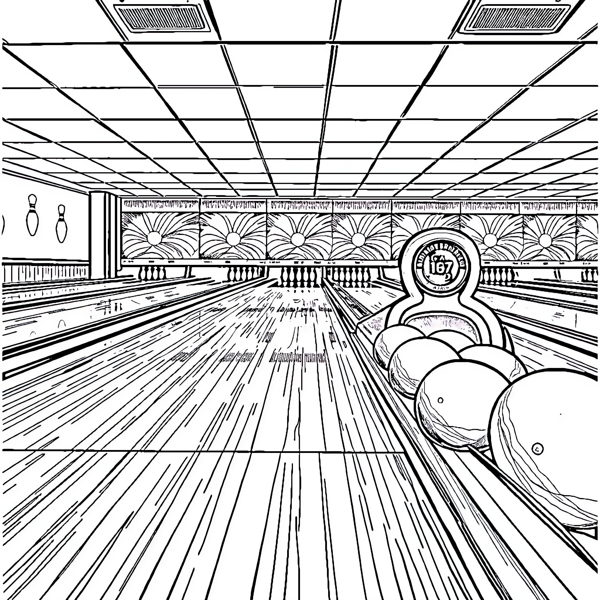 Tinsmith's Bowling Alley: A Geometric Perspective Coloring Page (free black-and-white line drawing printable PDF for all, from beginners to advanced learners, including children, teens, adults, and seniors)