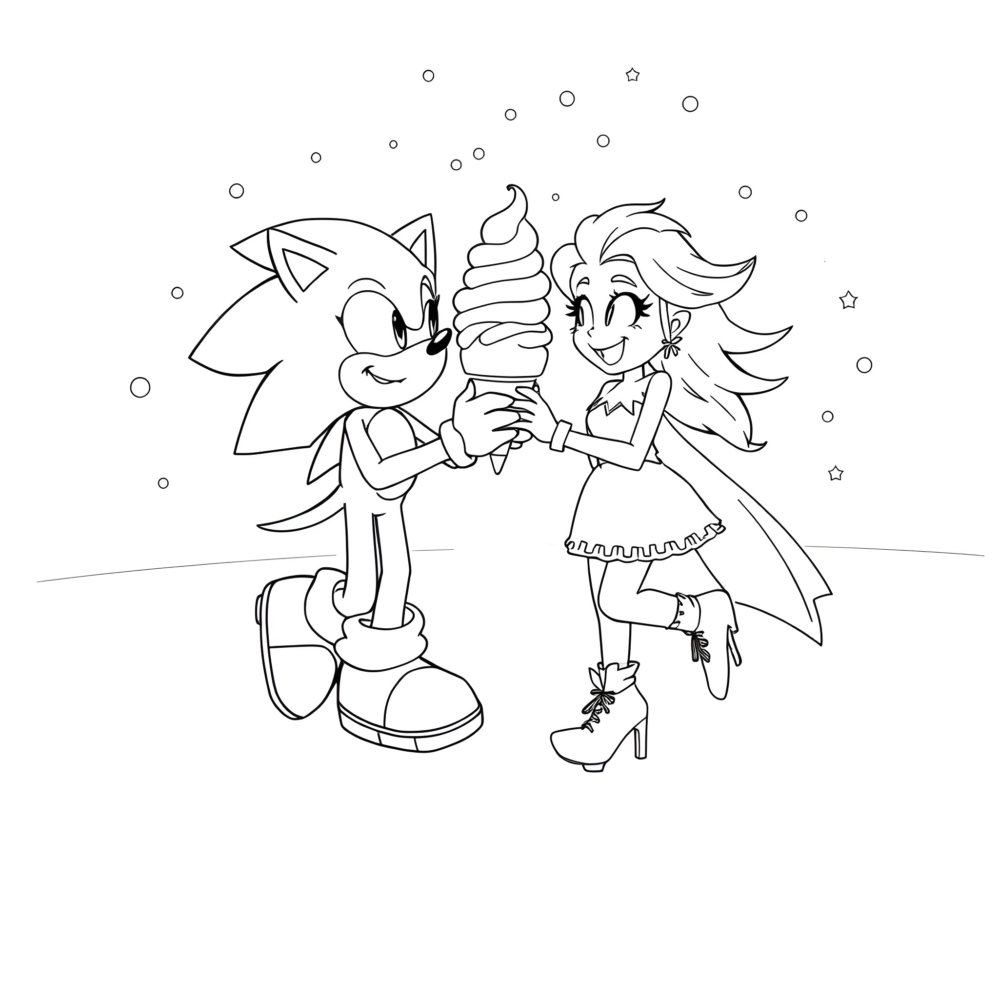 Sonic and Friends Enjoying Ice Cream in Winter Coloring Page (free black-and-white line drawing printable PDF for all, from beginners to advanced learners, including children, teens, adults, and seniors)