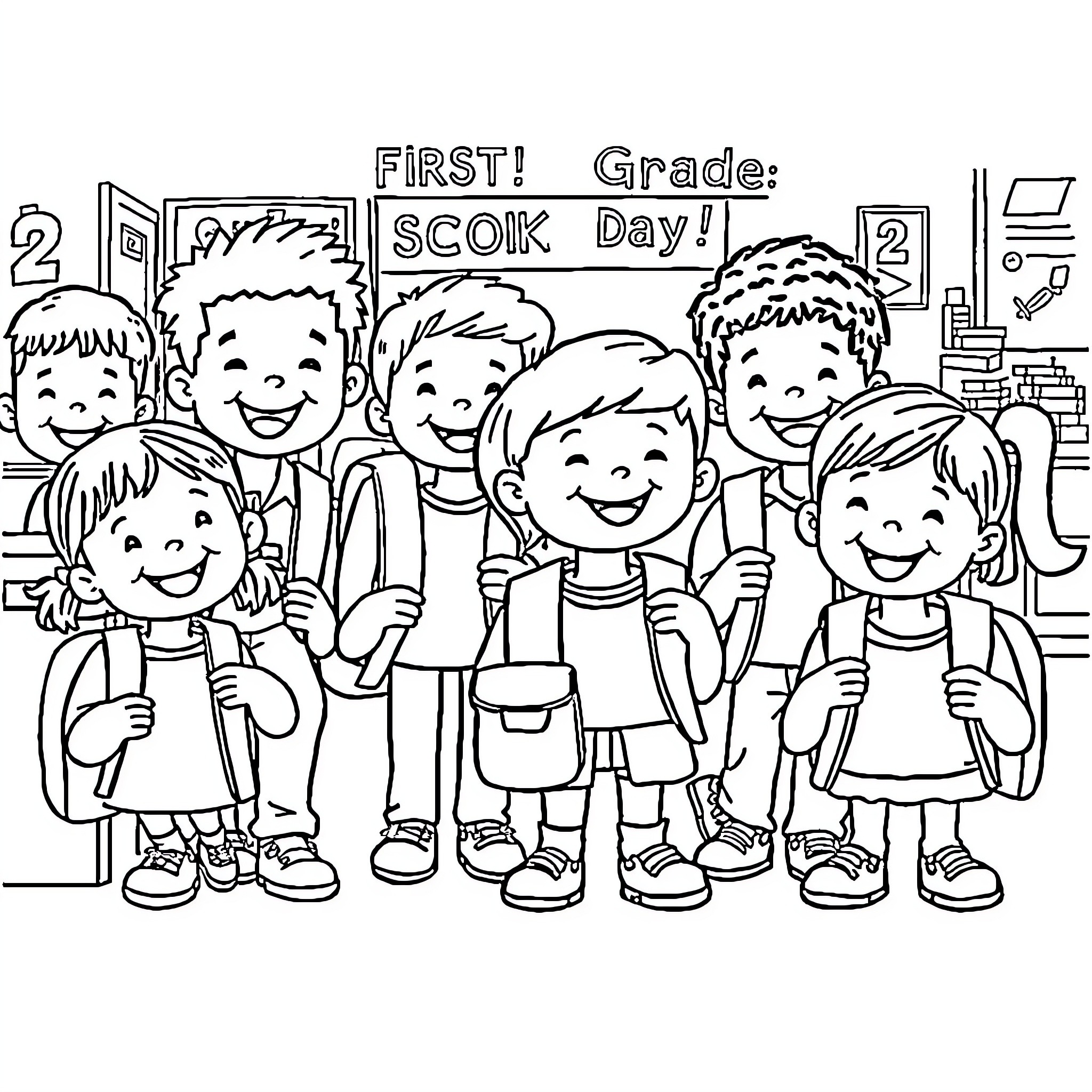 School Children Excited for First Grade Day Coloring Page (free black-and-white line drawing printable PDF for all, from beginners to advanced learners, including children, teens, adults, and seniors)