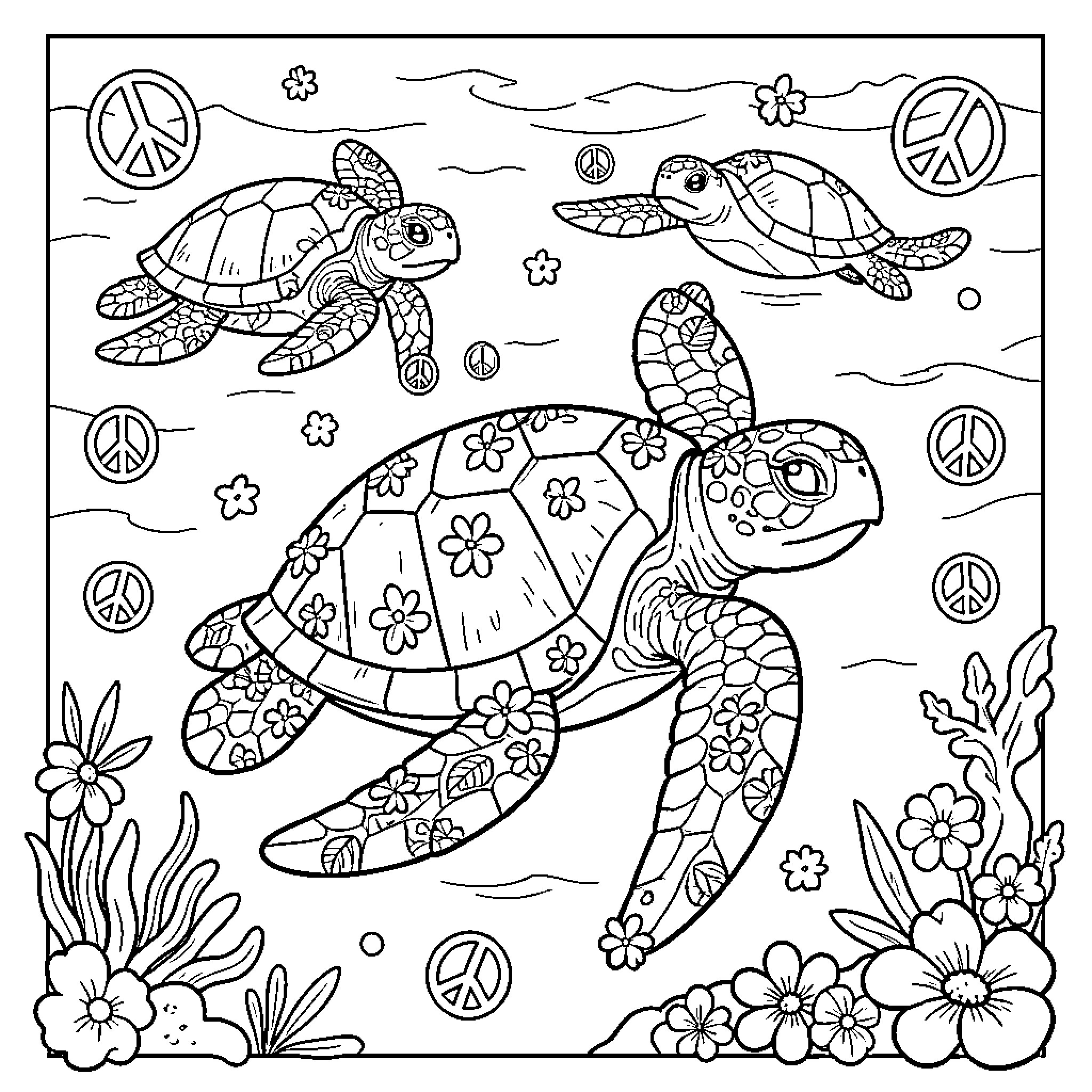 Turtle swimming gracefully among flowers and peace symbols Coloring Page (free black-and-white line drawing printable PDF for all, from beginners to advanced learners, including children, teens, adults, and seniors)