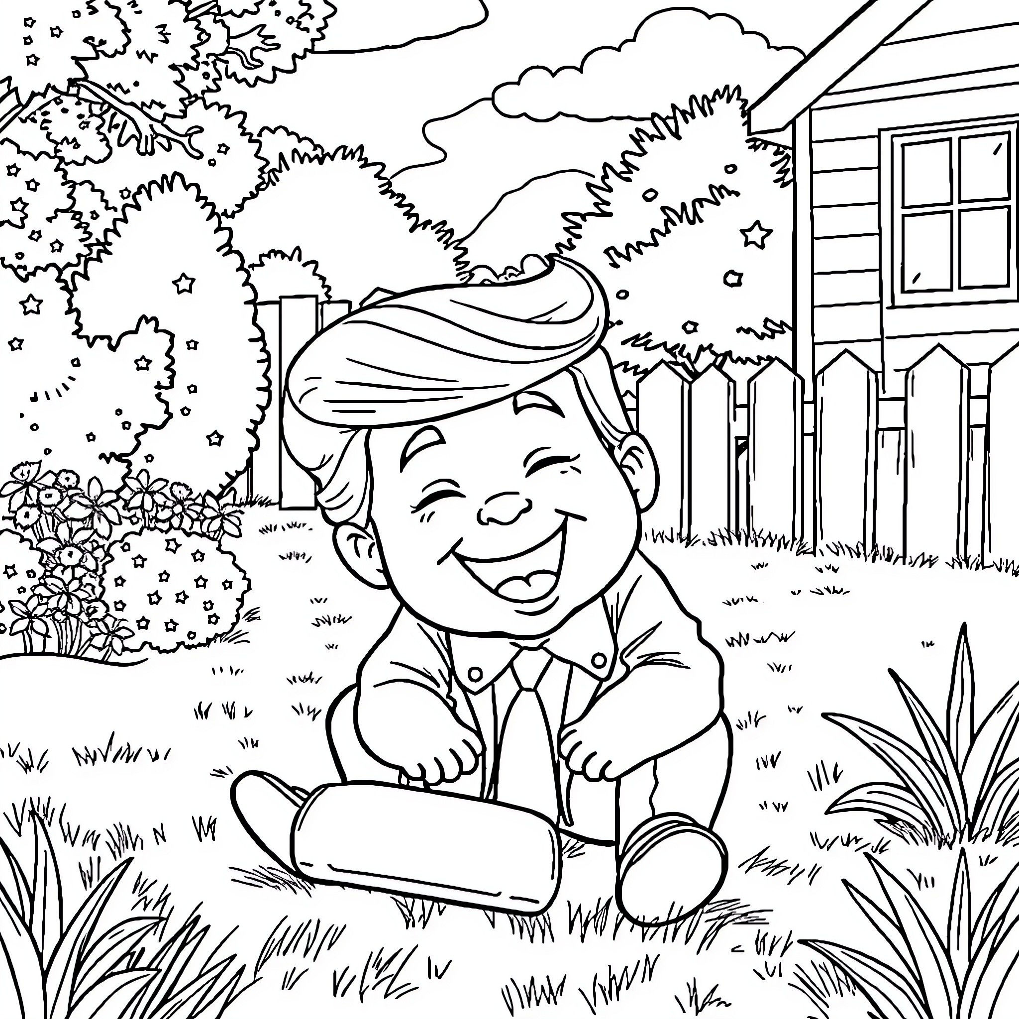 Trump's cheerful outdoor adventures Coloring Page (free black-and-white line drawing printable PDF for all, from beginners to advanced learners, including children, teens, adults, and seniors)