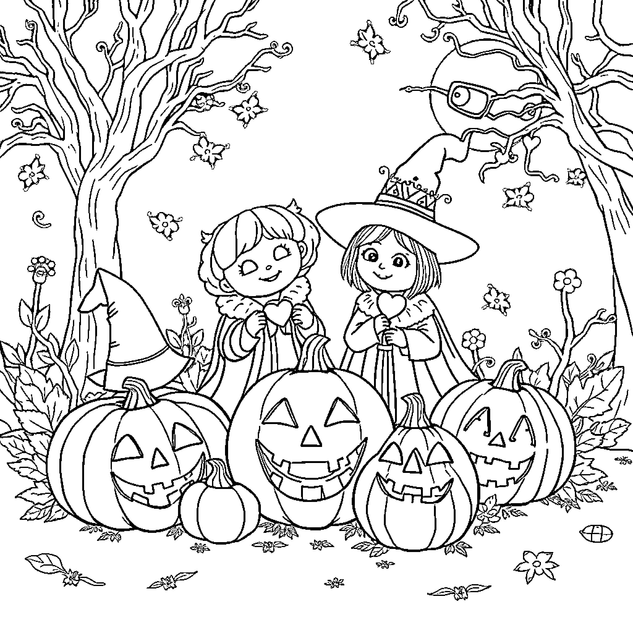 Halloween fun with costumed children and pumpkins Coloring Page (free black-and-white line drawing printable PDF for all, from beginners to advanced learners, including children, teens, adults, and seniors)