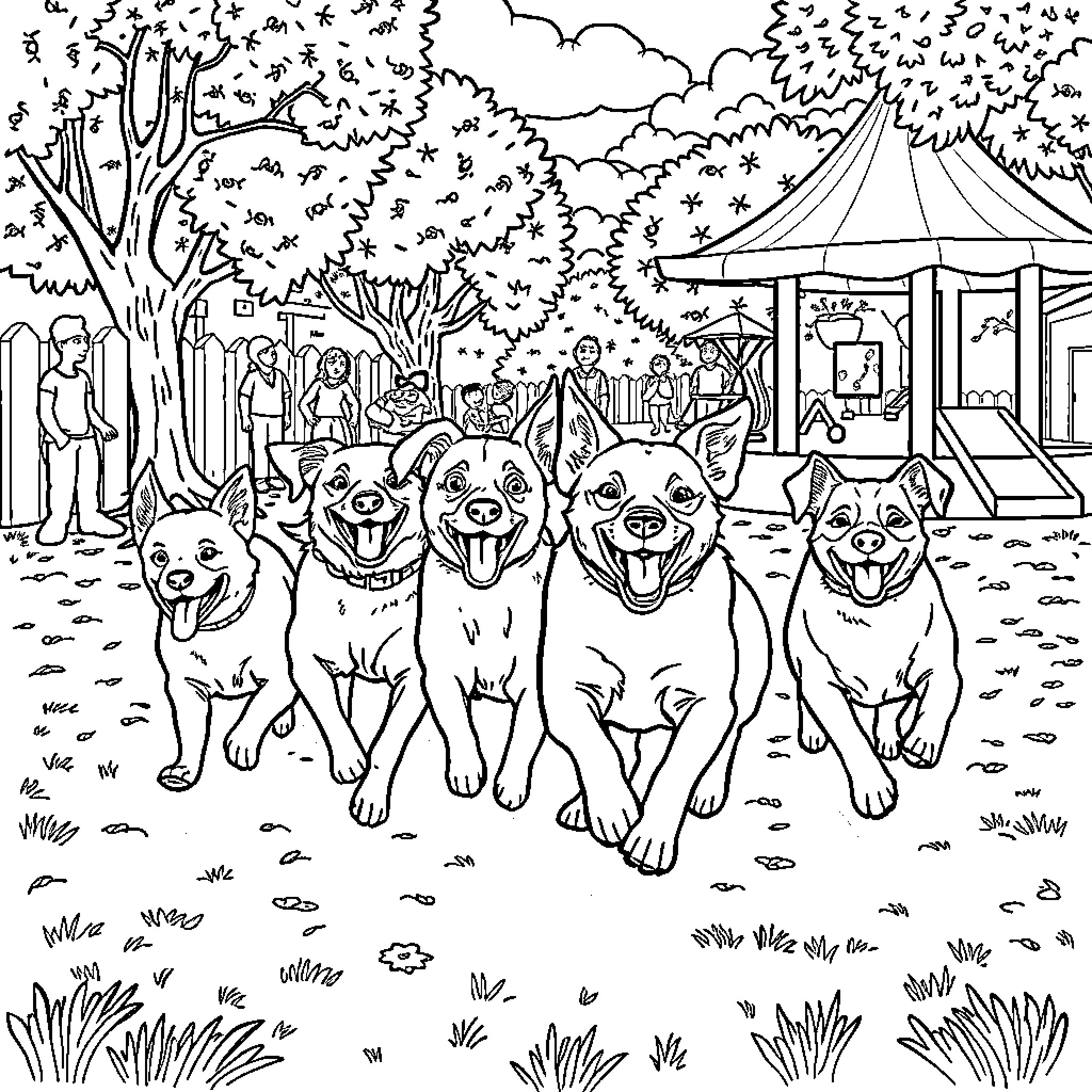Dog pack enjoying a day at the park Coloring Page (free black-and-white line drawing printable PDF for all, from beginners to advanced learners, including children, teens, adults, and seniors)