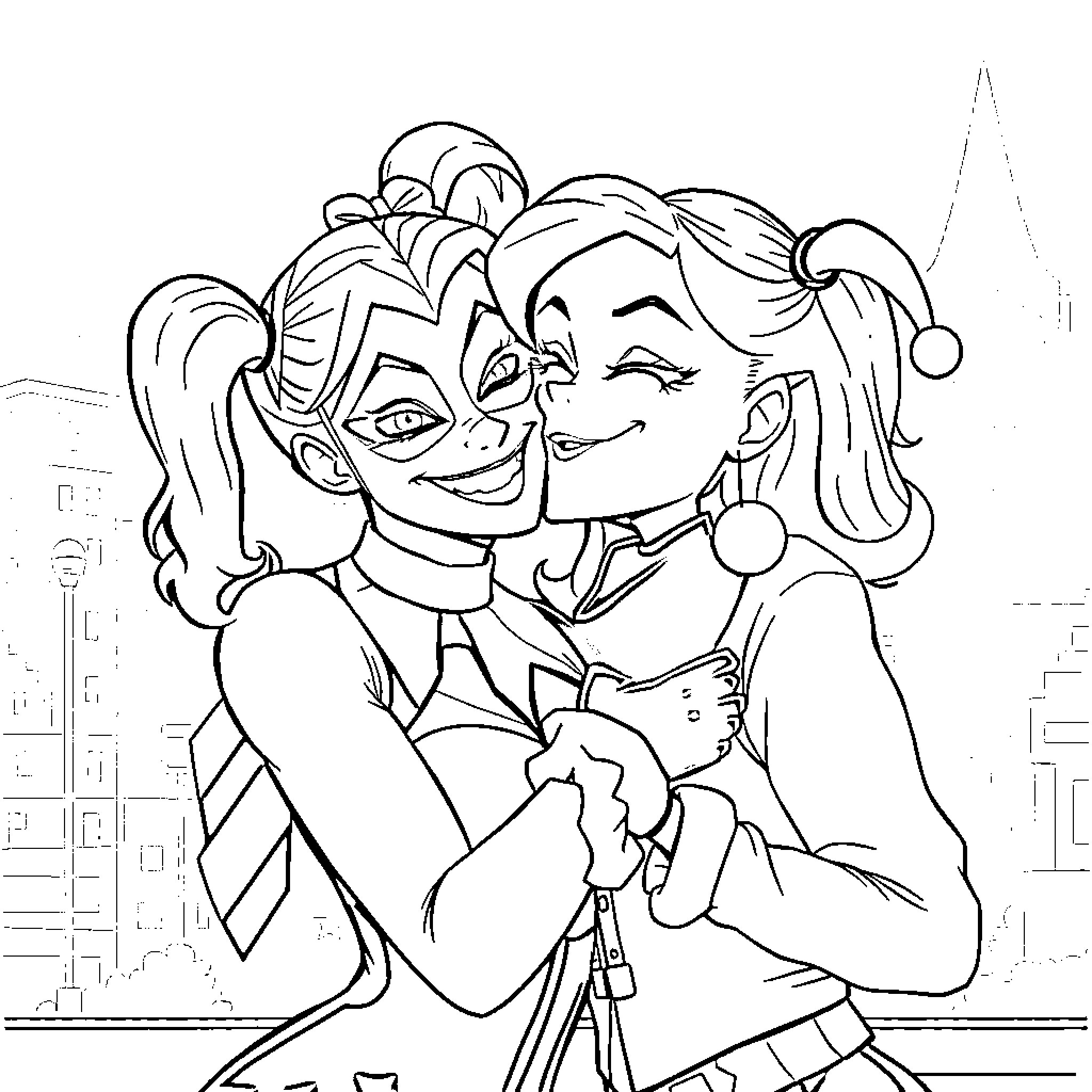 Harley Quinn and Joker embracing affectionately Coloring Page (free black-and-white line drawing printable PDF for all, from beginners to advanced learners, including children, teens, adults, and seniors)
