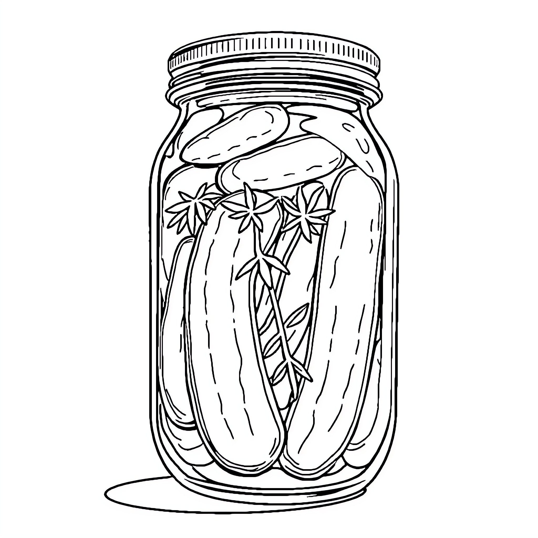 Dill Pickle Jar with Veggies Coloring Page (free black-and-white line drawing printable PDF for all, from beginners to advanced learners, including children, teens, adults, and seniors)