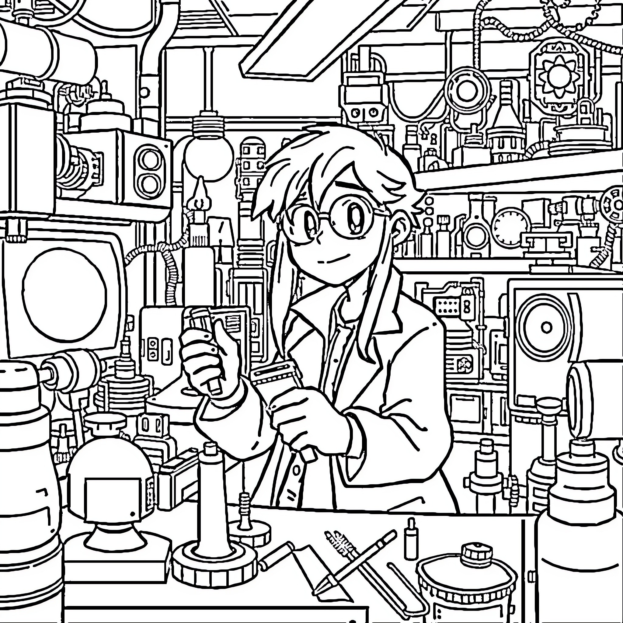 Scientist works enthusiastically in a cluttered laboratory Coloring Page (free black-and-white line drawing printable PDF for all, from beginners to advanced learners, including children, teens, adults, and seniors)