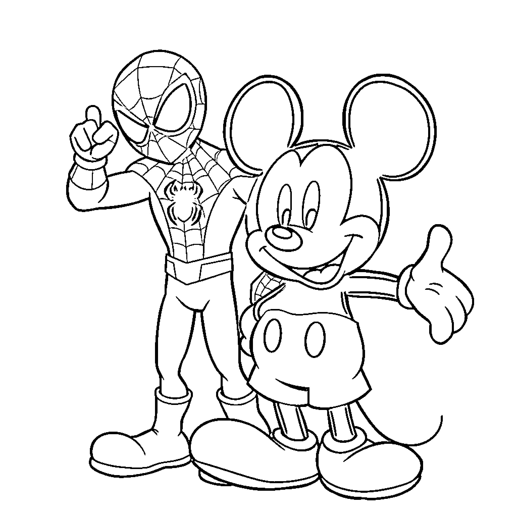 Mickey Mouse and Spider-Man in Playful Pose Coloring Page (free black-and-white line drawing printable PDF for all, from beginners to advanced learners, including children, teens, adults, and seniors)