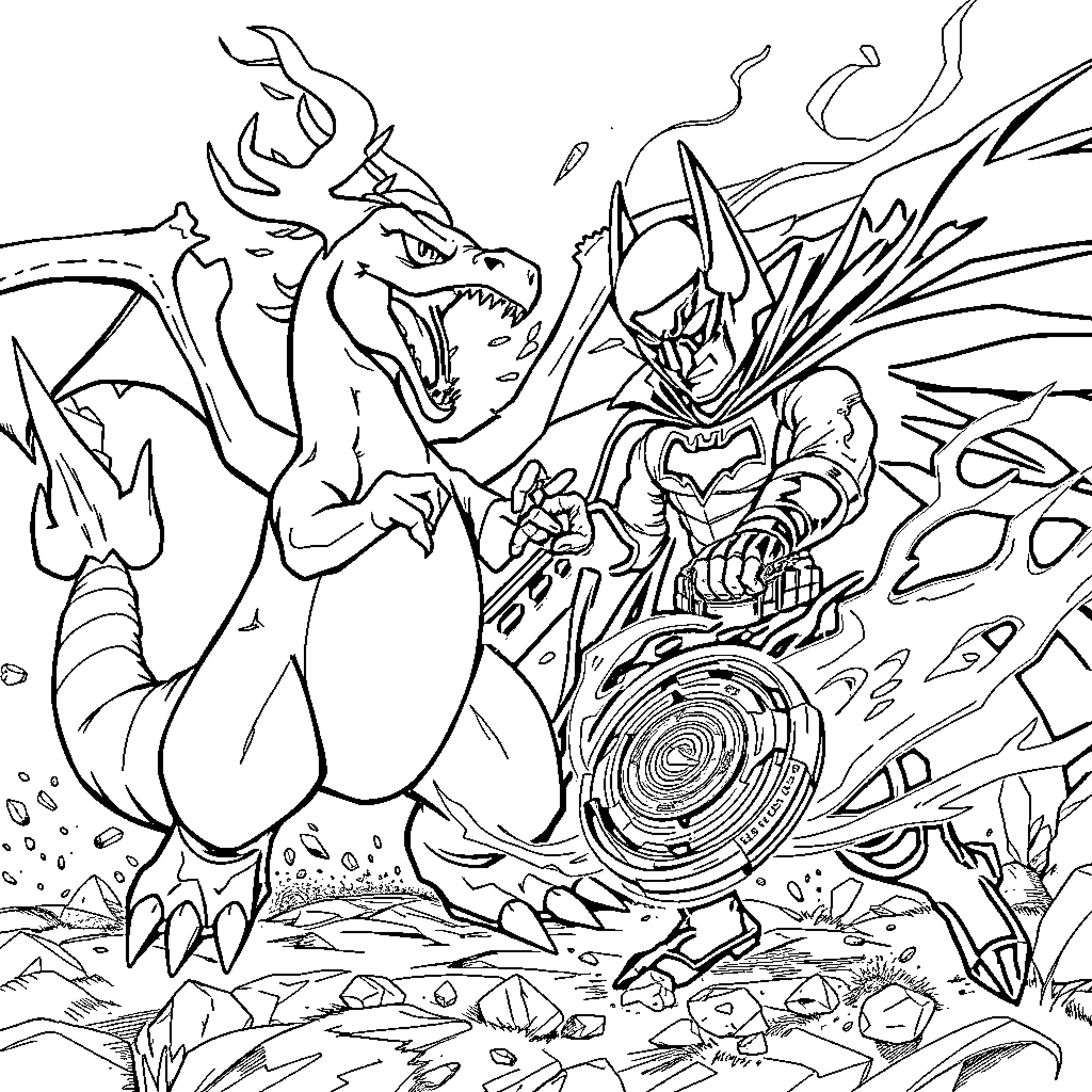 Charizard battling against a powerful opponent Coloring Page (free black-and-white line drawing printable PDF for all, from beginners to advanced learners, including children, teens, adults, and seniors)