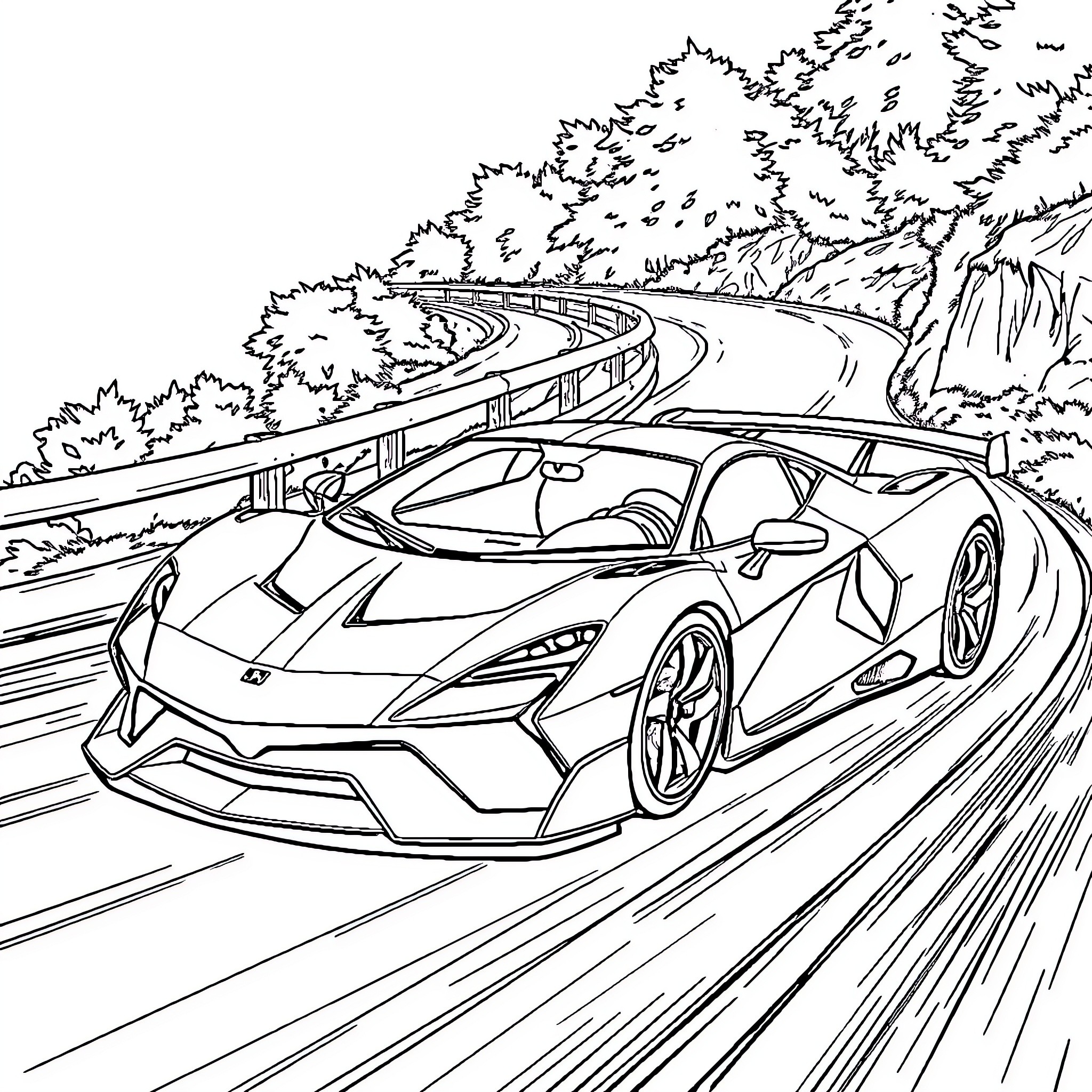 Hypercar speeding along a winding mountain road Coloring Page (free black-and-white line drawing printable PDF for all, from beginners to advanced learners, including children, teens, adults, and seniors)