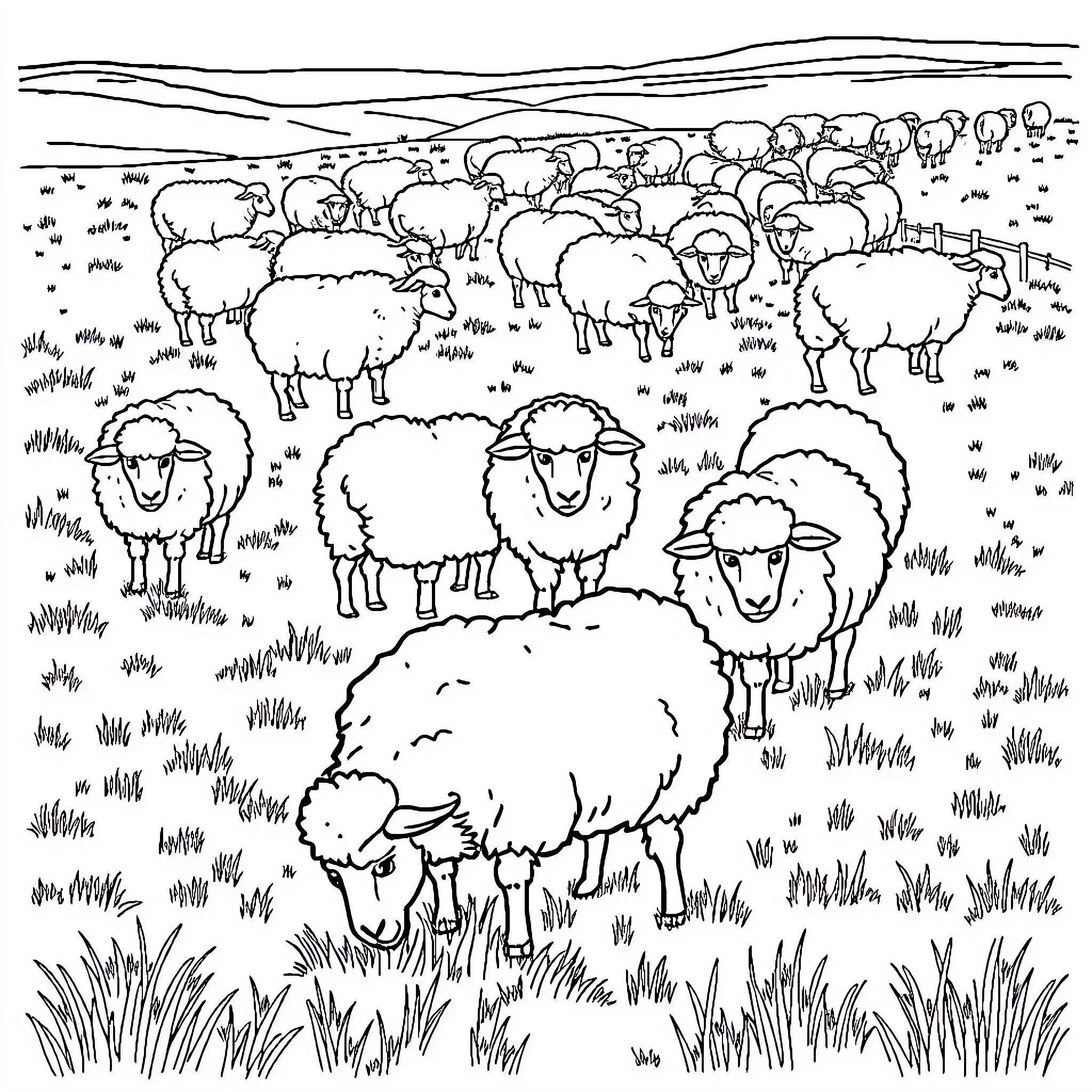 Sheep grazing peacefully in a scenic meadow Coloring Page (free black-and-white line drawing printable PDF for all, from beginners to advanced learners, including children, teens, adults, and seniors)