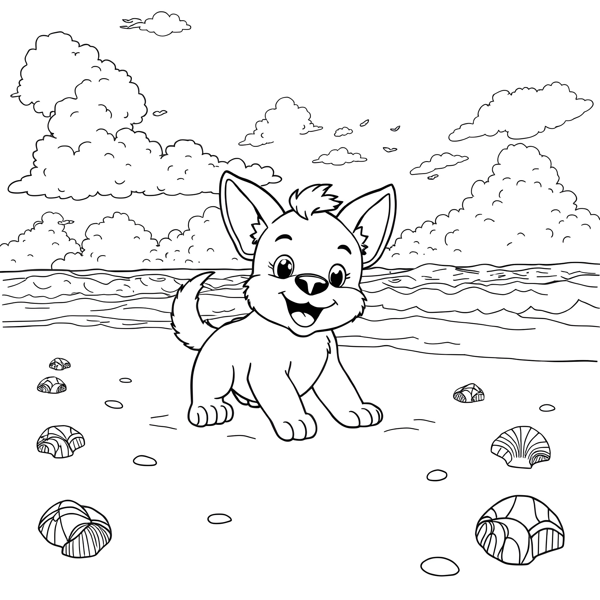 Bluey playing happily at the beach Coloring Page (free black-and-white line drawing printable PDF for all, from beginners to advanced learners, including children, teens, adults, and seniors)