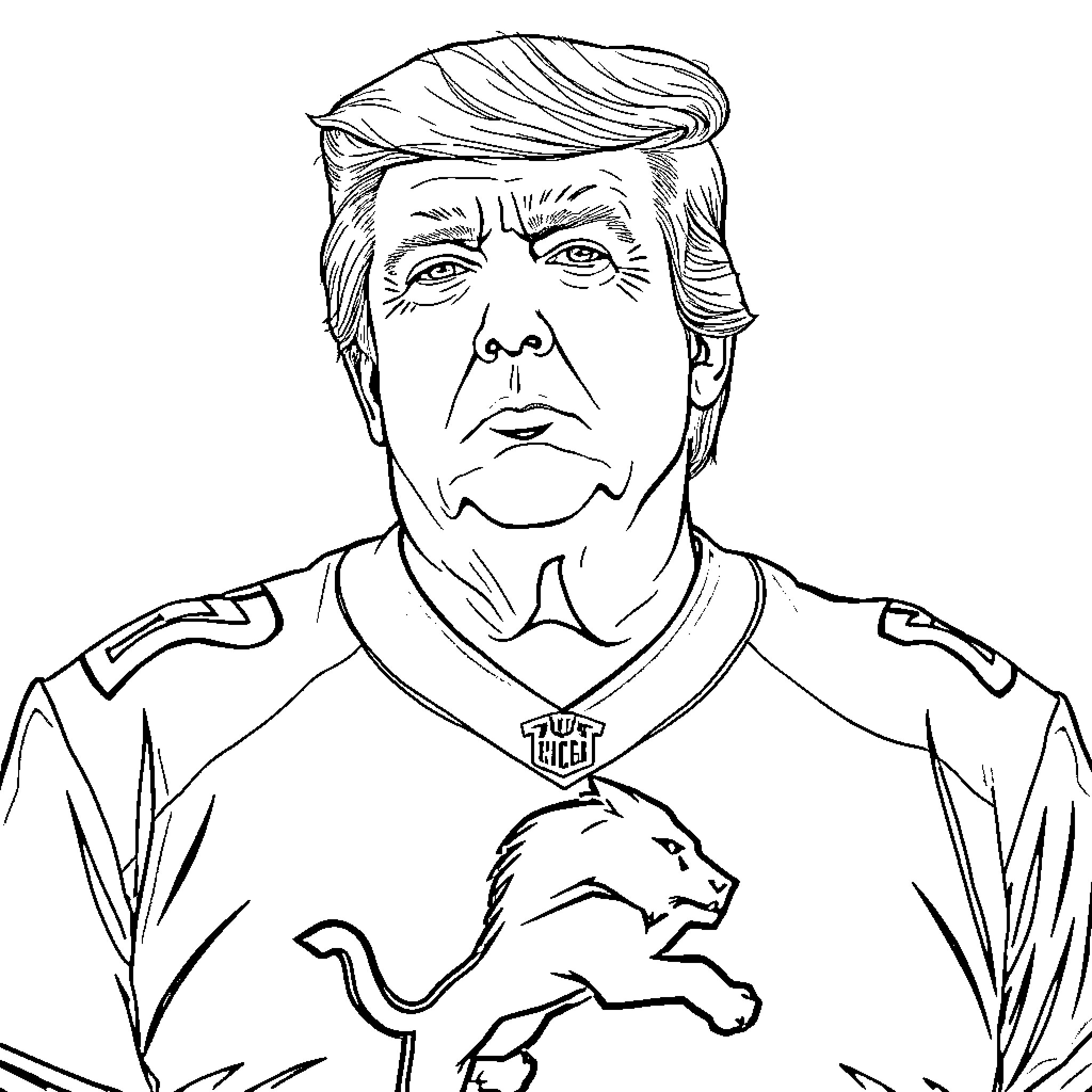 Donald Trump Portrayed in Uniform with Symbolic Imagery Coloring Page (free black-and-white line drawing printable PDF for all, from beginners to advanced learners, including children, teens, adults, and seniors)
