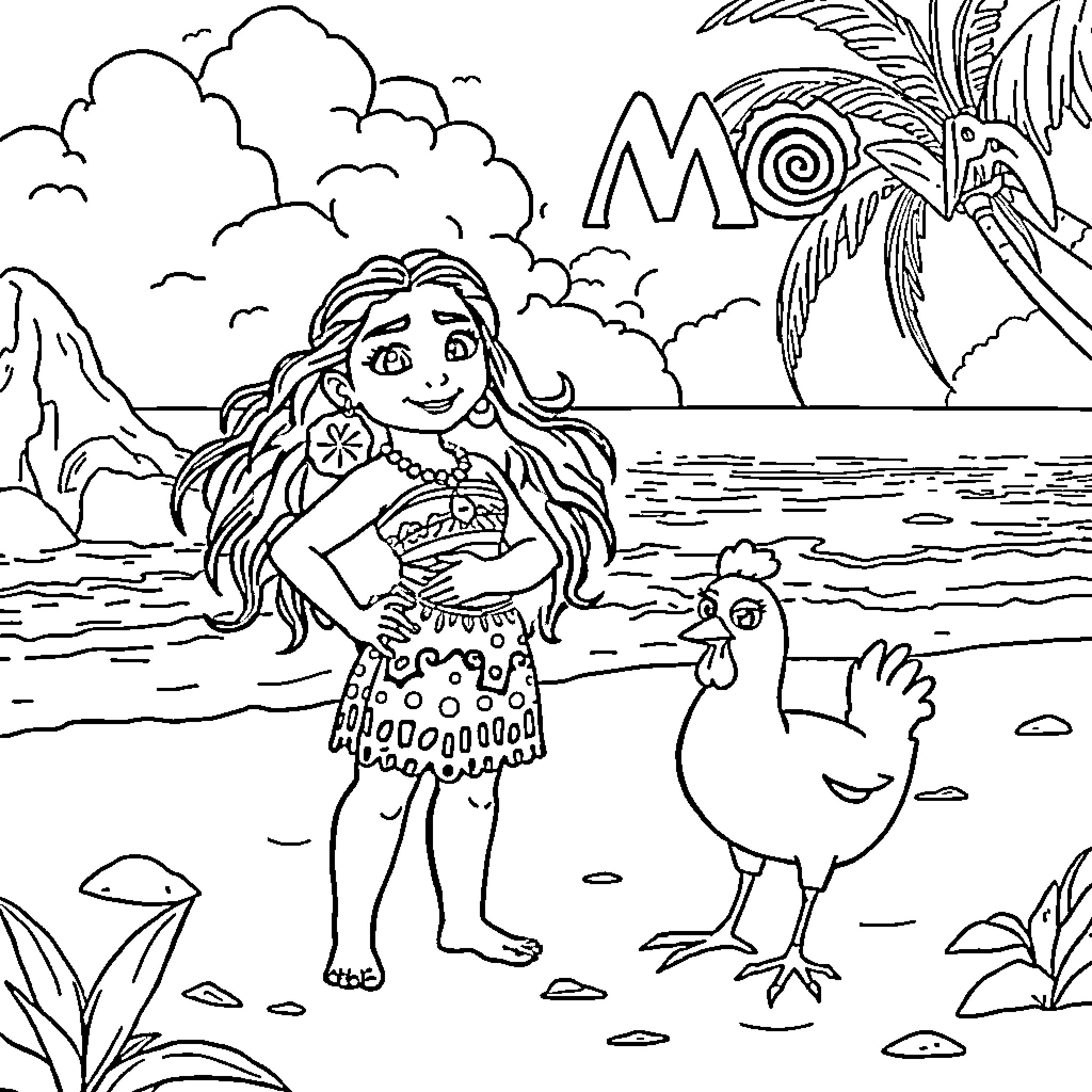 Moana enjoying a tropical beach with her friend Coloring Page (free black-and-white line drawing printable PDF for all, from beginners to advanced learners, including children, teens, adults, and seniors)